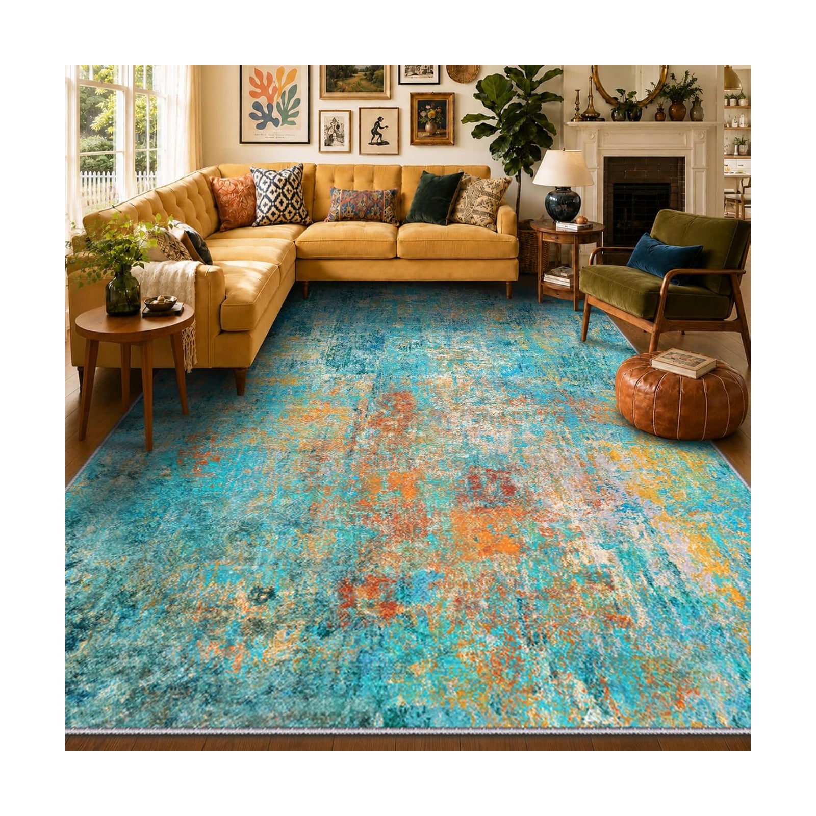 RELEANY Washable 10'x14' Abstract Area Rug for Living Room Teal Multi