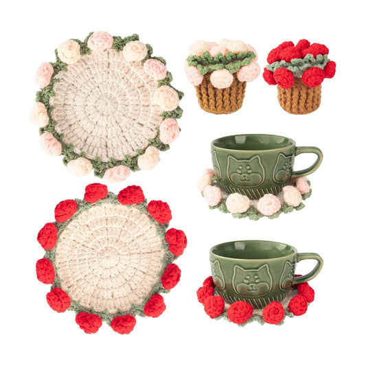 Basket / Crochet Flowers Coasters / Red,pink