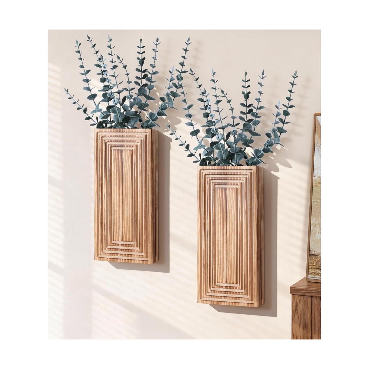Wooden Wall Planter Vase / Burnt Brown with Eucalyptus / Set of 2
