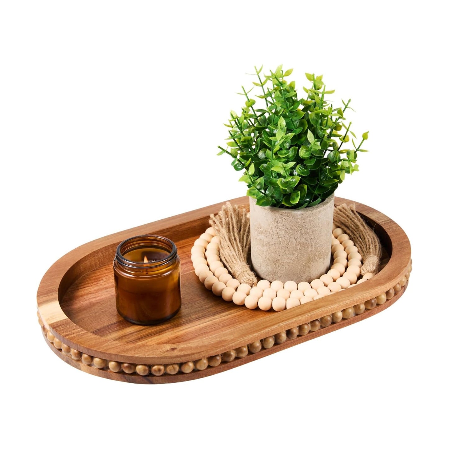Bead Oval Wooden Serving Tray for Farmhouse Home Decor / Acacia Wood