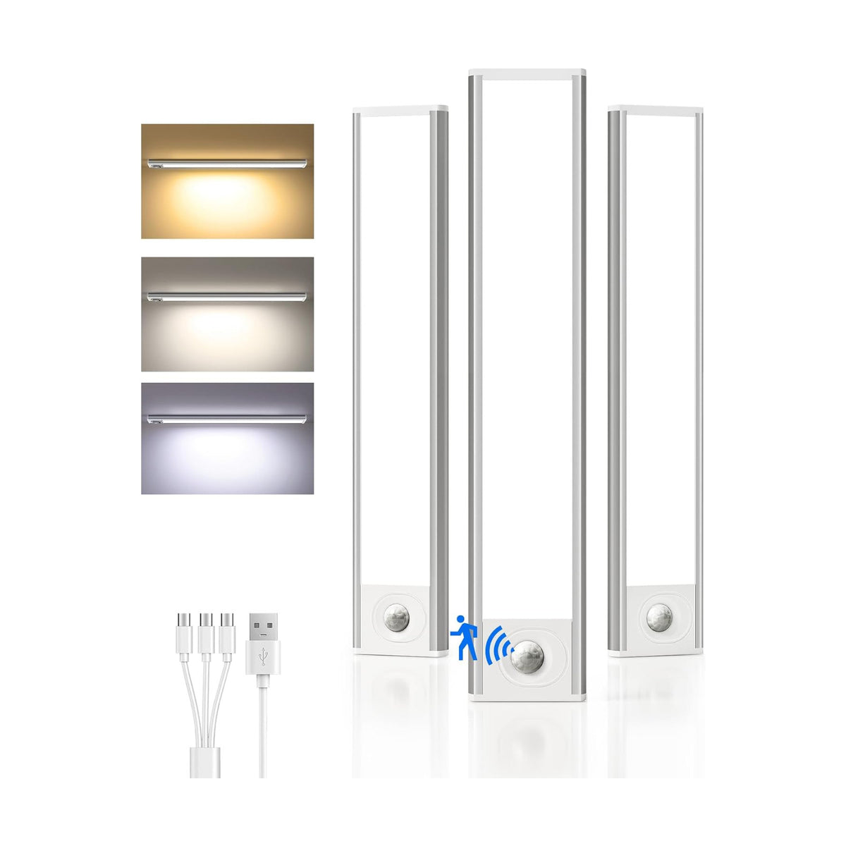 10inch Under Cabinet Lighting Wireless, 3-Pack Rechargeable Battery Motion Sensor Light Indoor, LED Closet Lights USB