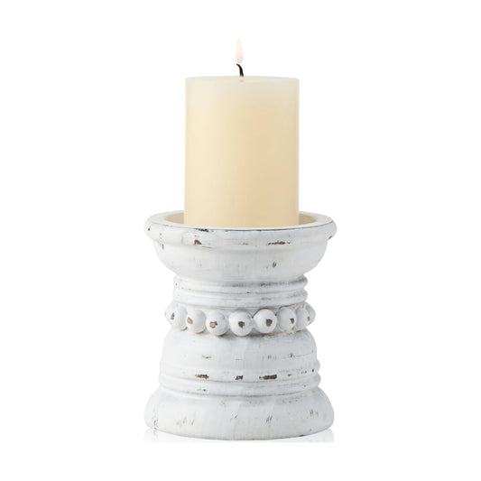 Wooden Candle Holder / Distressed White / 4 Inch