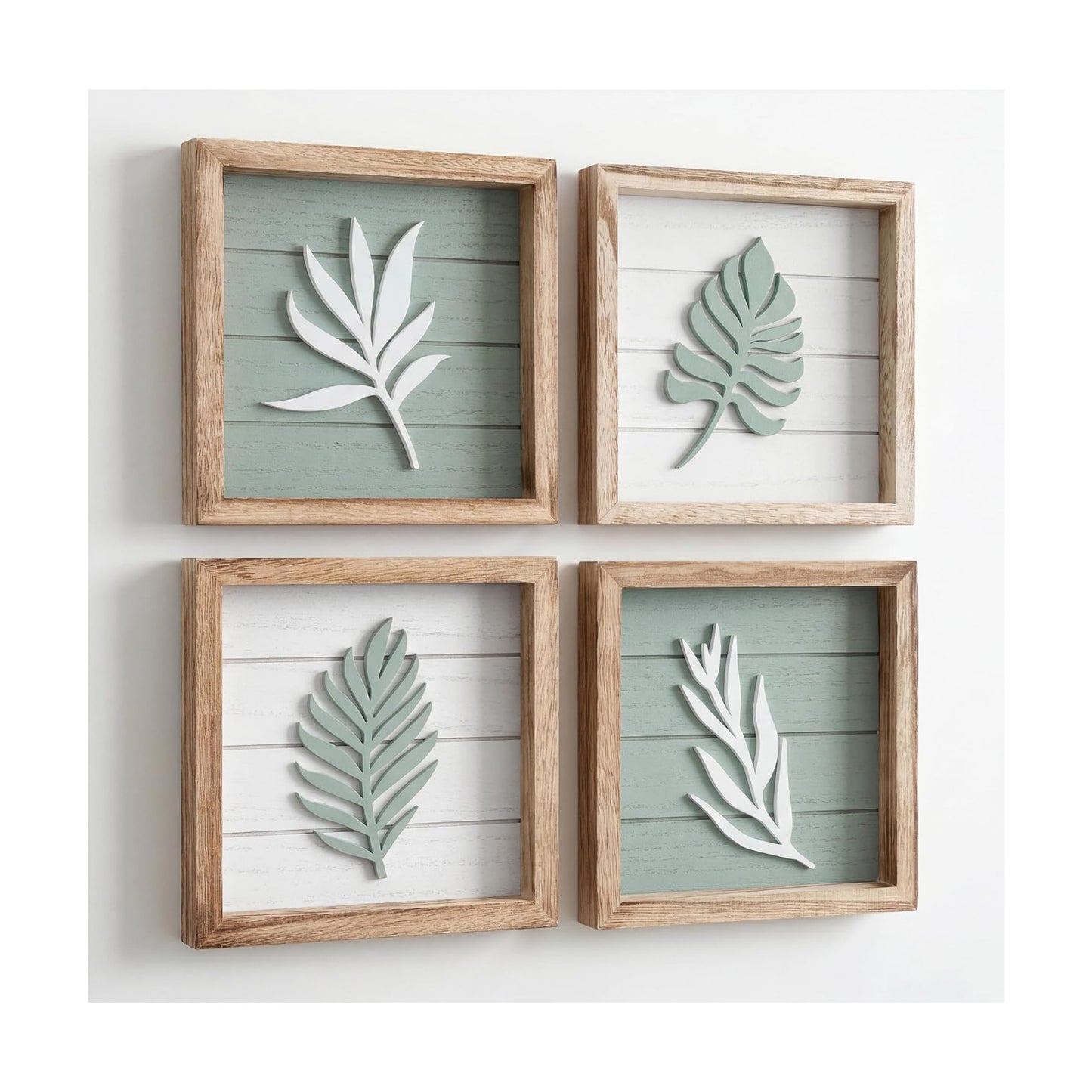 Textured Boho Botanical Bathroom Art Wall / Sage Green / Framed / 7 x 7 / Set of 4