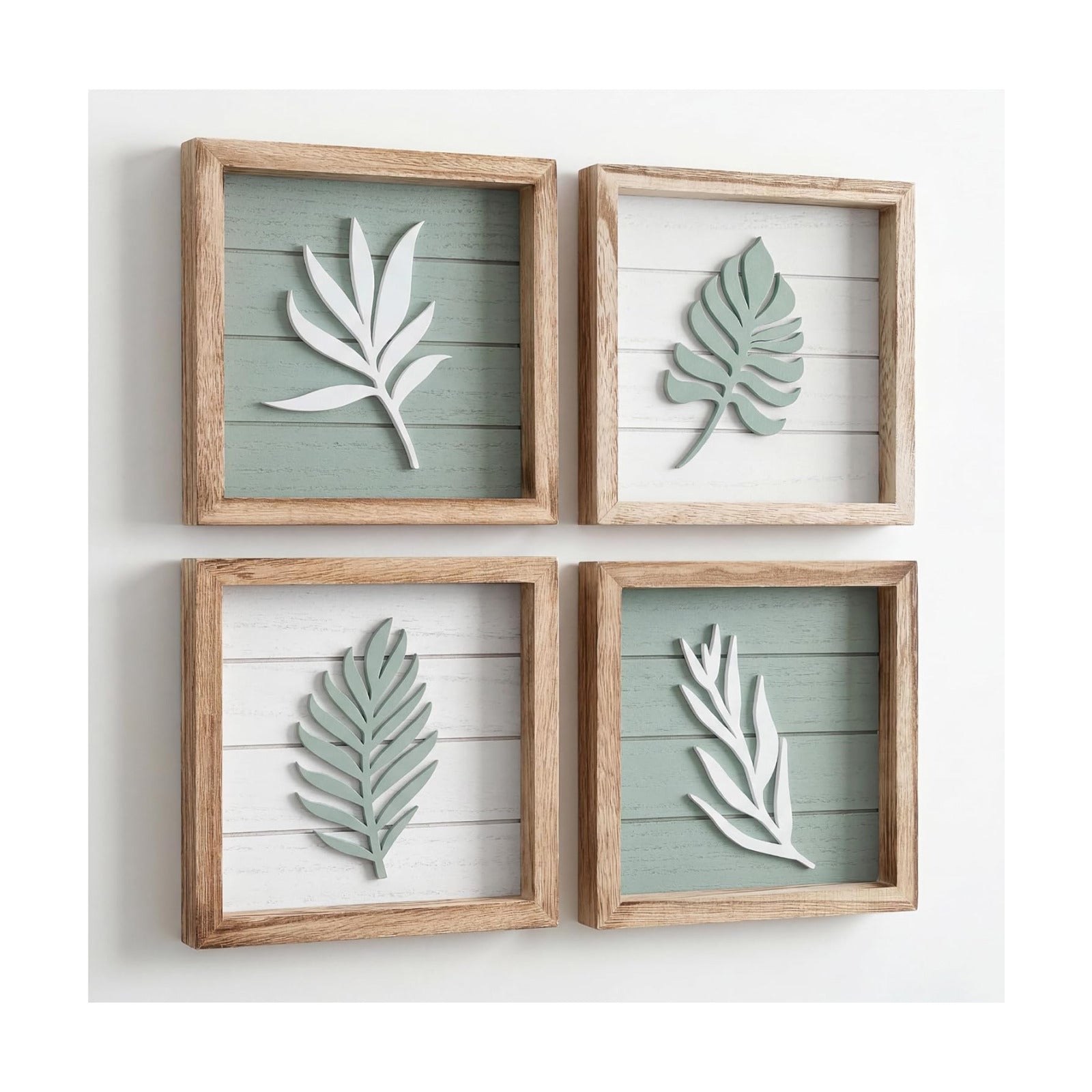 Textured Boho Botanical Bathroom Art Wall / Sage Green / Framed / 7 x 7 / Set of 4