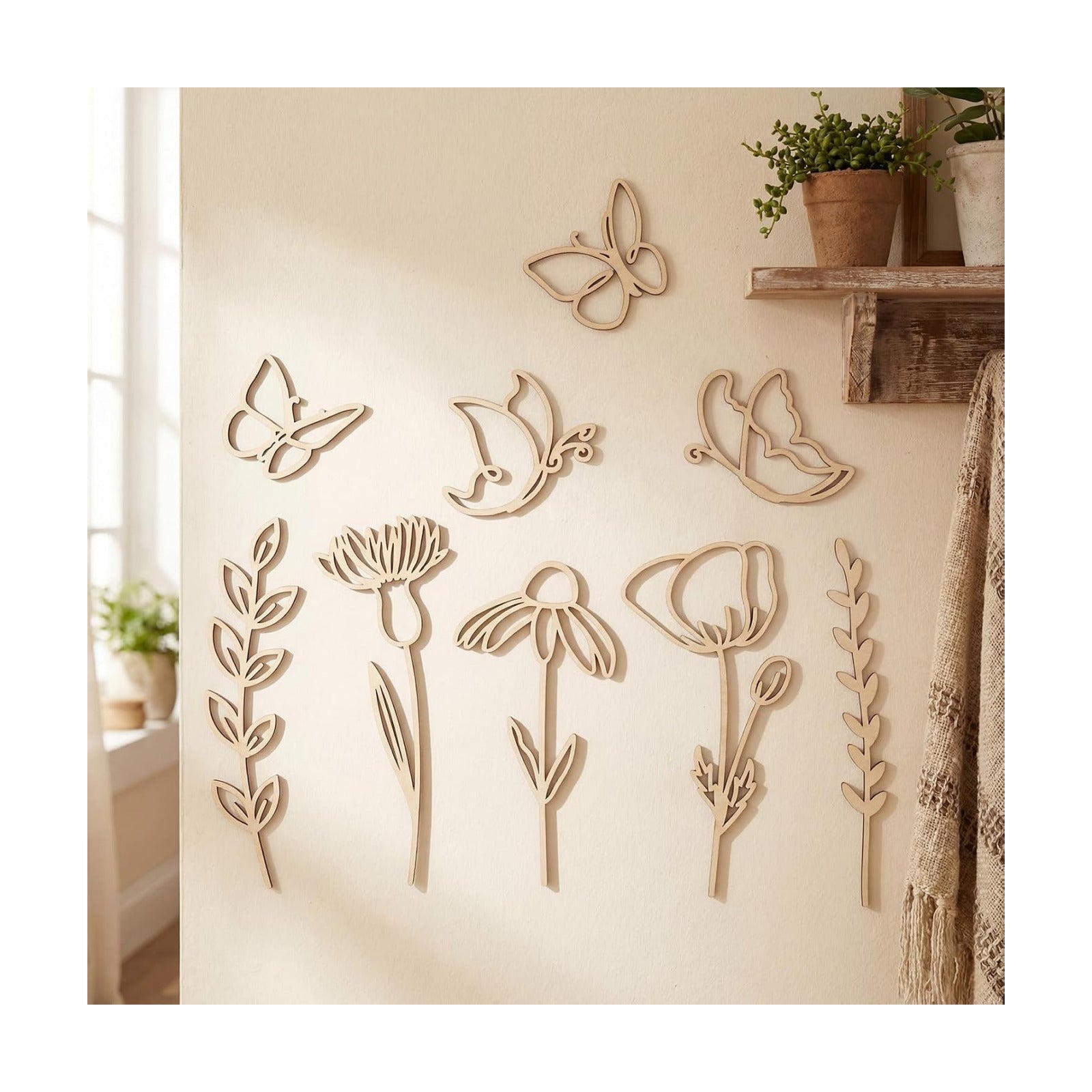 Wooden Wildflower Wall Decor Boho Flower Cutout Nursery Decor Floral Sign Decal / Set of 9