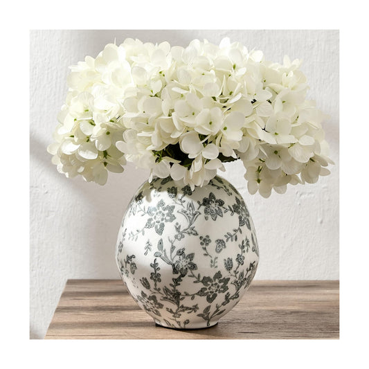 Antique Rustic Ceramic Vase / Gray Chinoiserie Floral- 5.83 / 5.83 Inch