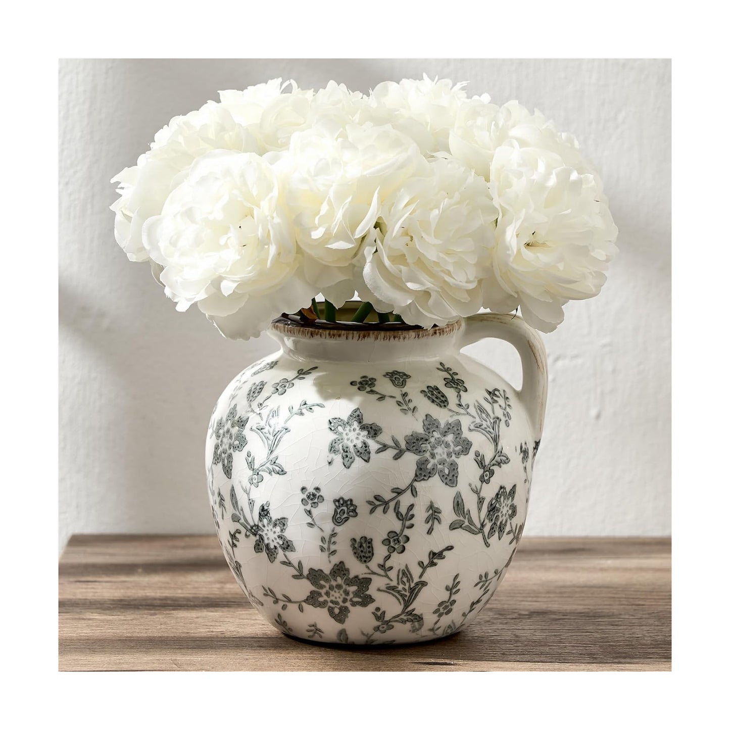 Antique Rustic Ceramic Vase / Gray Chinoiserie Floral- 5.39 / 5.39 Inch