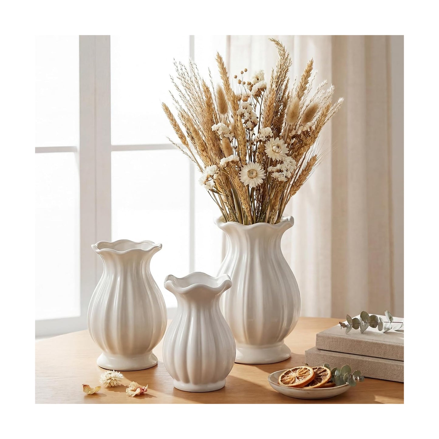 Ceramic Vase Set Small Rustic Decorative Vases Home / 5.7, 6.7, 7.9in / Elegant / White / Set of 3