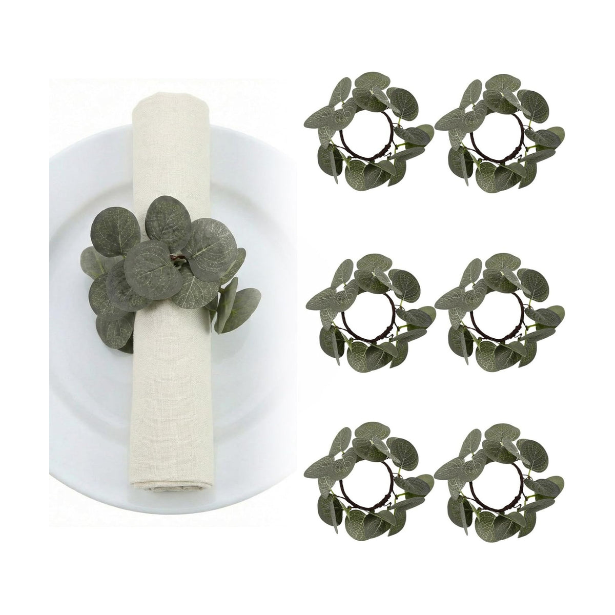 6 Pcs Christmas Napkin Rings Wreath Napkin Holder, Eucalyptus Leaf