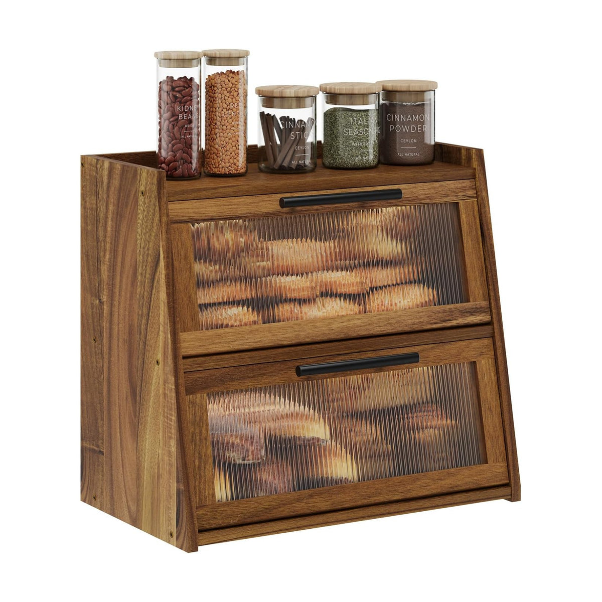 Bread Box for Kitchen Counter,Wooden Double Layer Countertop Bread Storage | Bread Holder Container Bin with Window for