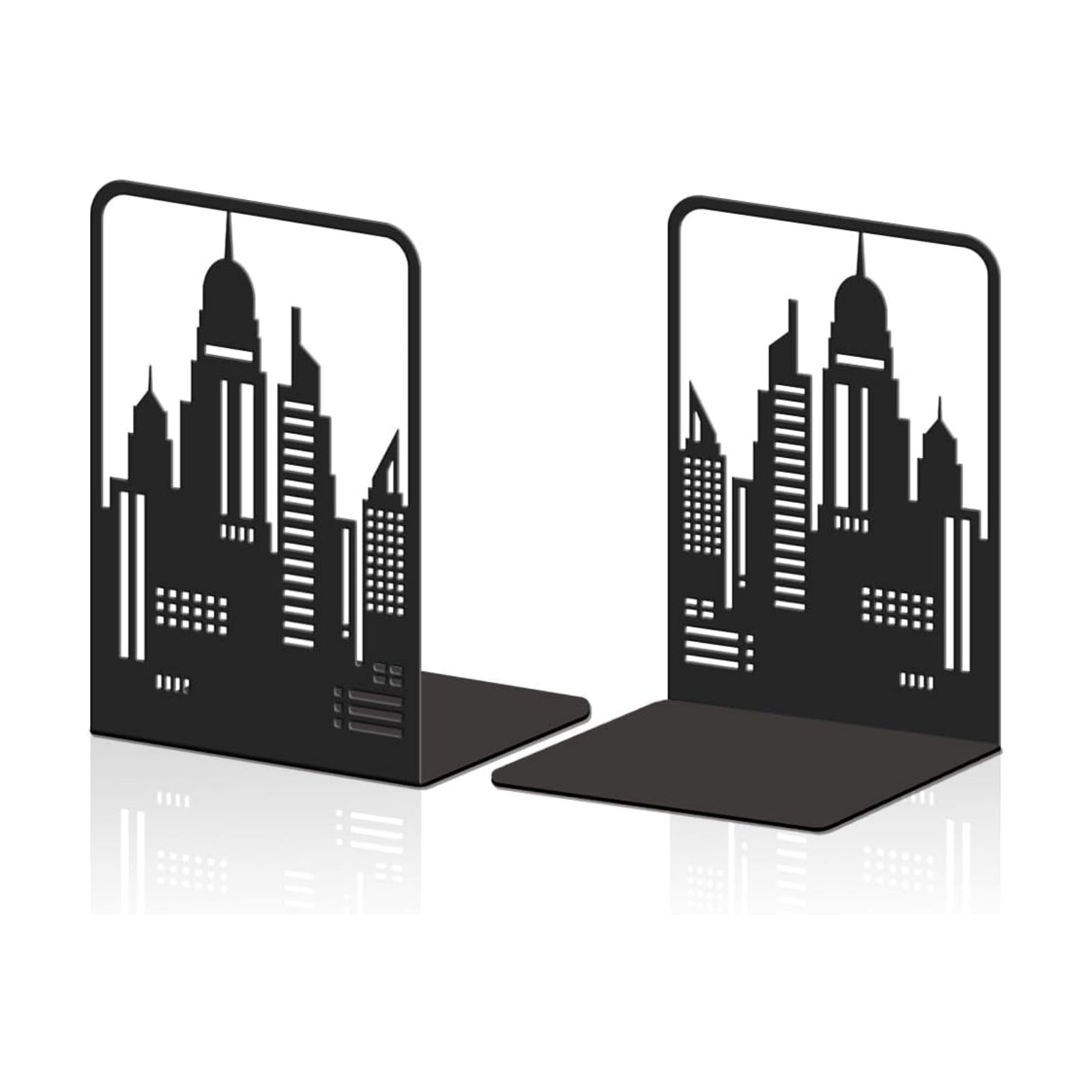 Metal Bookends Heavy Duty Book Shelf Holders City / Skyline Tall Buildings / Black / Set of 2
