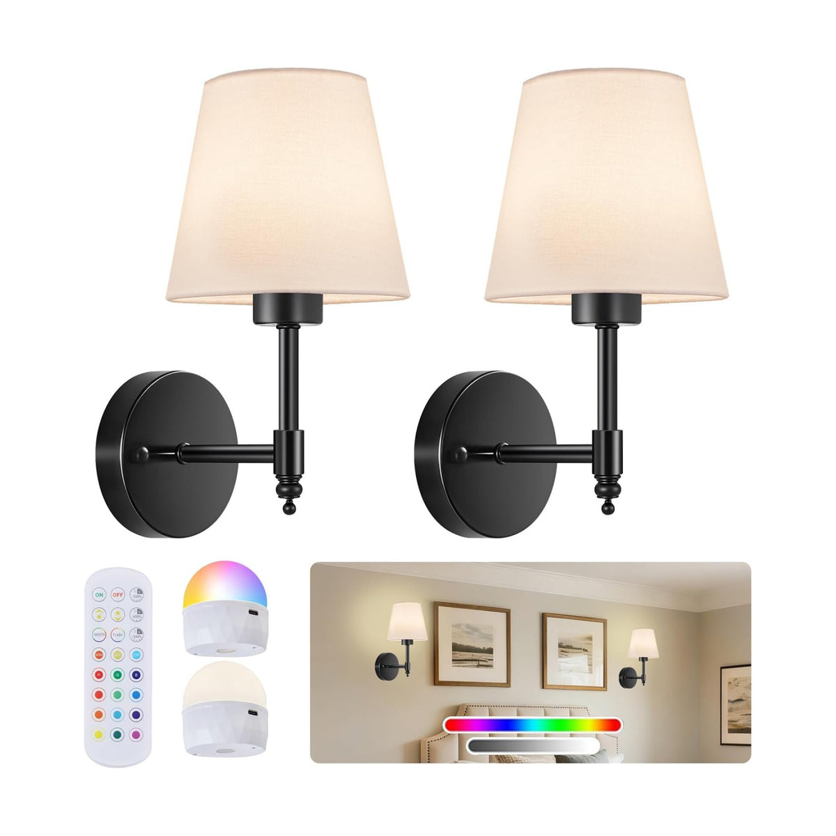 Battery Operated Wall Sconce Set of 2, Rechargeable Wireless Wall Lights | with 5200mAh Dimmable Bulb with Remote,15