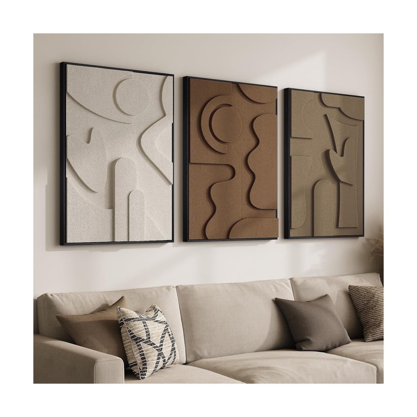Large 3D Textured Framed Neutral Abstract Wall Art for Living Room, 3 Piece