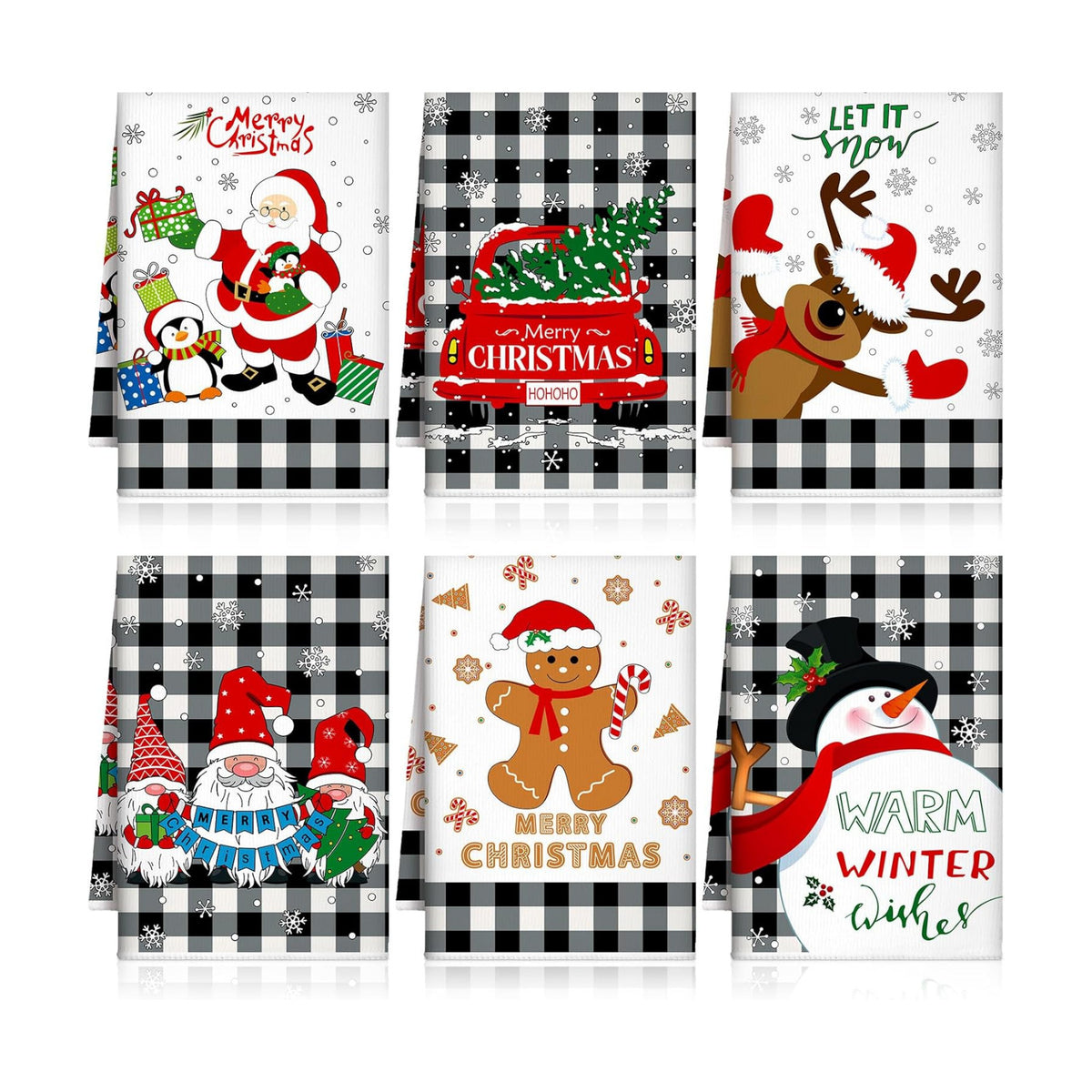 Bencailor 6 Pcs Christmas Kitchen Towel, Black Plaid, Cartoon Christmas