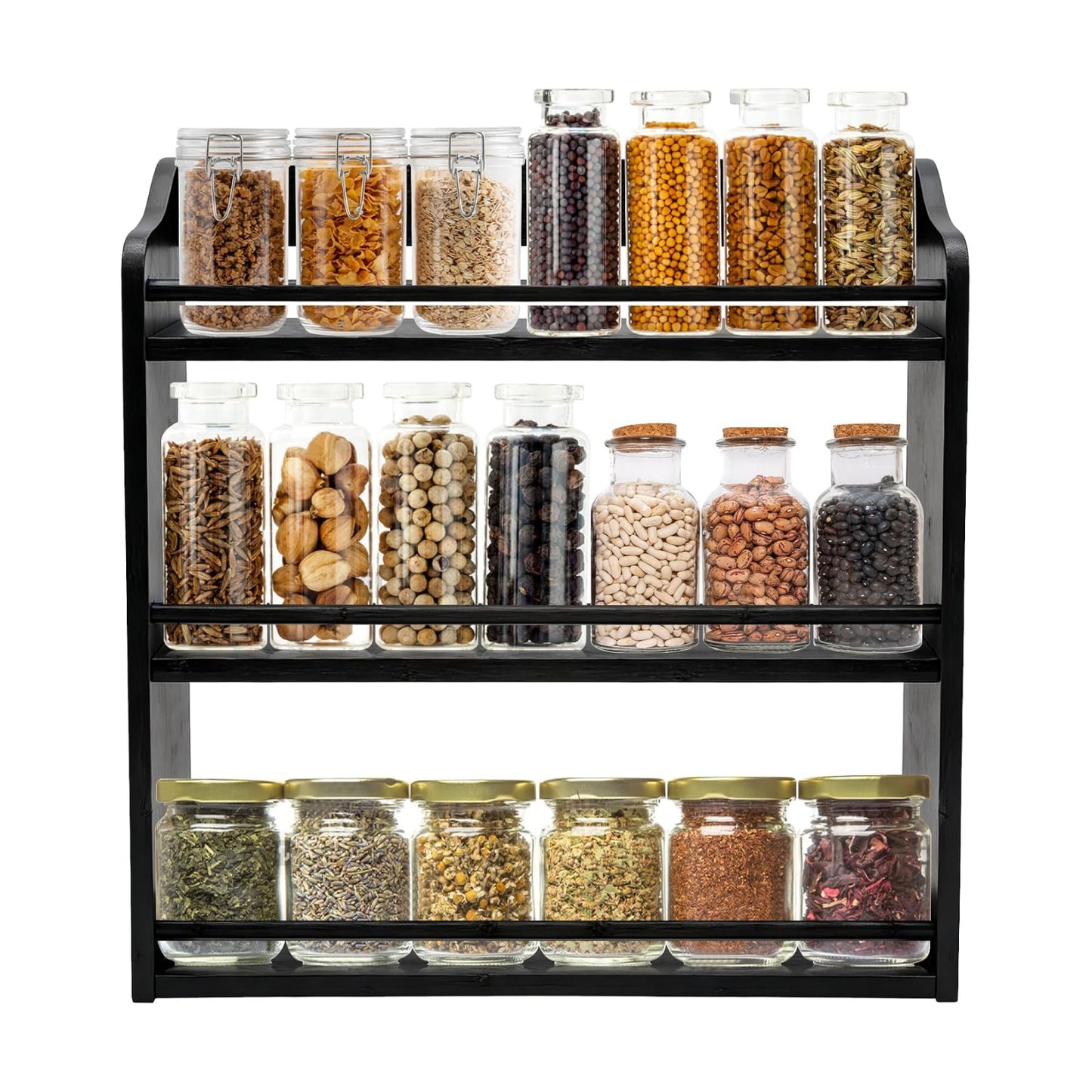 3 Tier Bamboo Spice Rack Wall Mount or Countertop,Spice Organizer | Seasoning Jars Rack Spice Shelf Organizer for