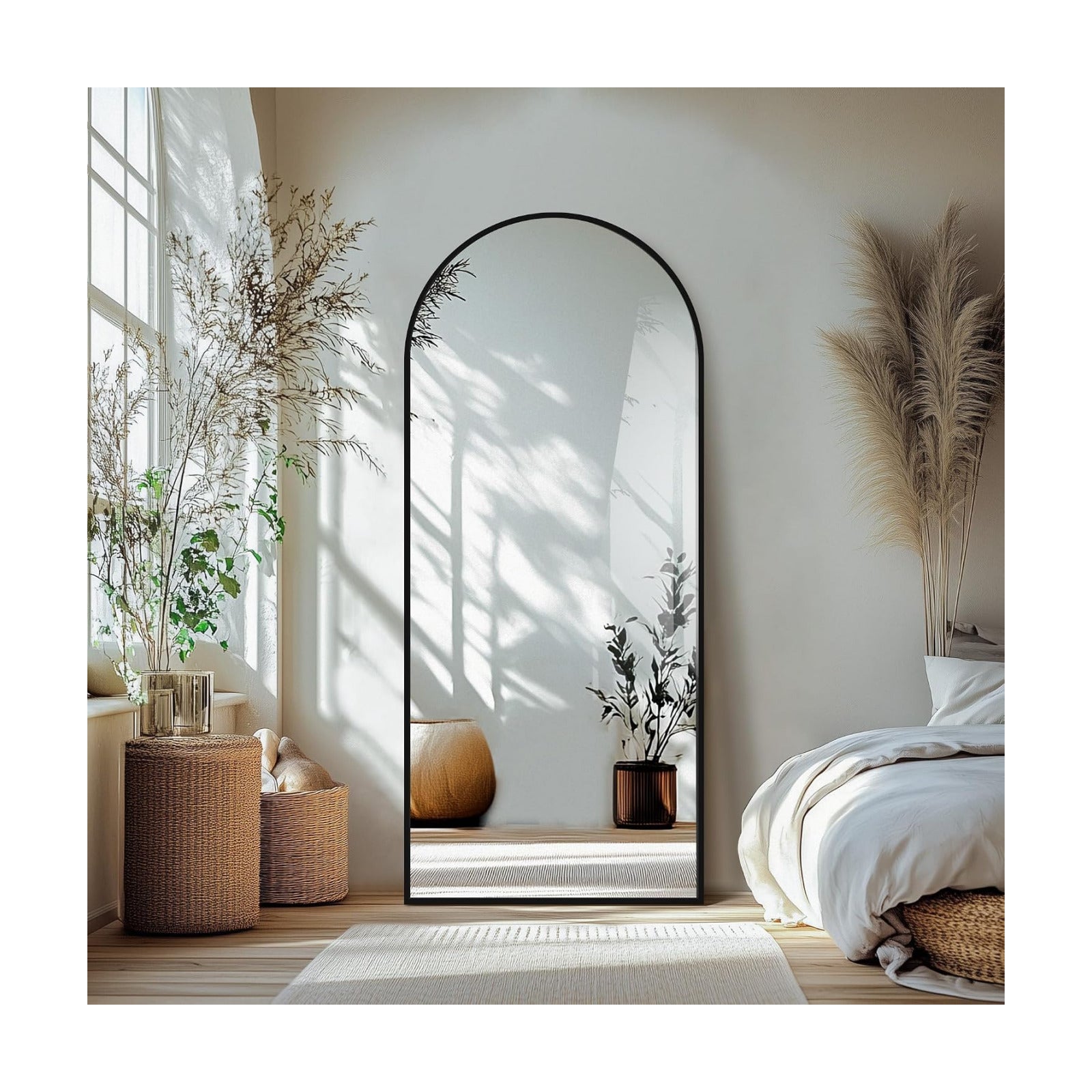 Delma Arched Full Length Mirror with Stand, 70x30 Black Floor Mirror