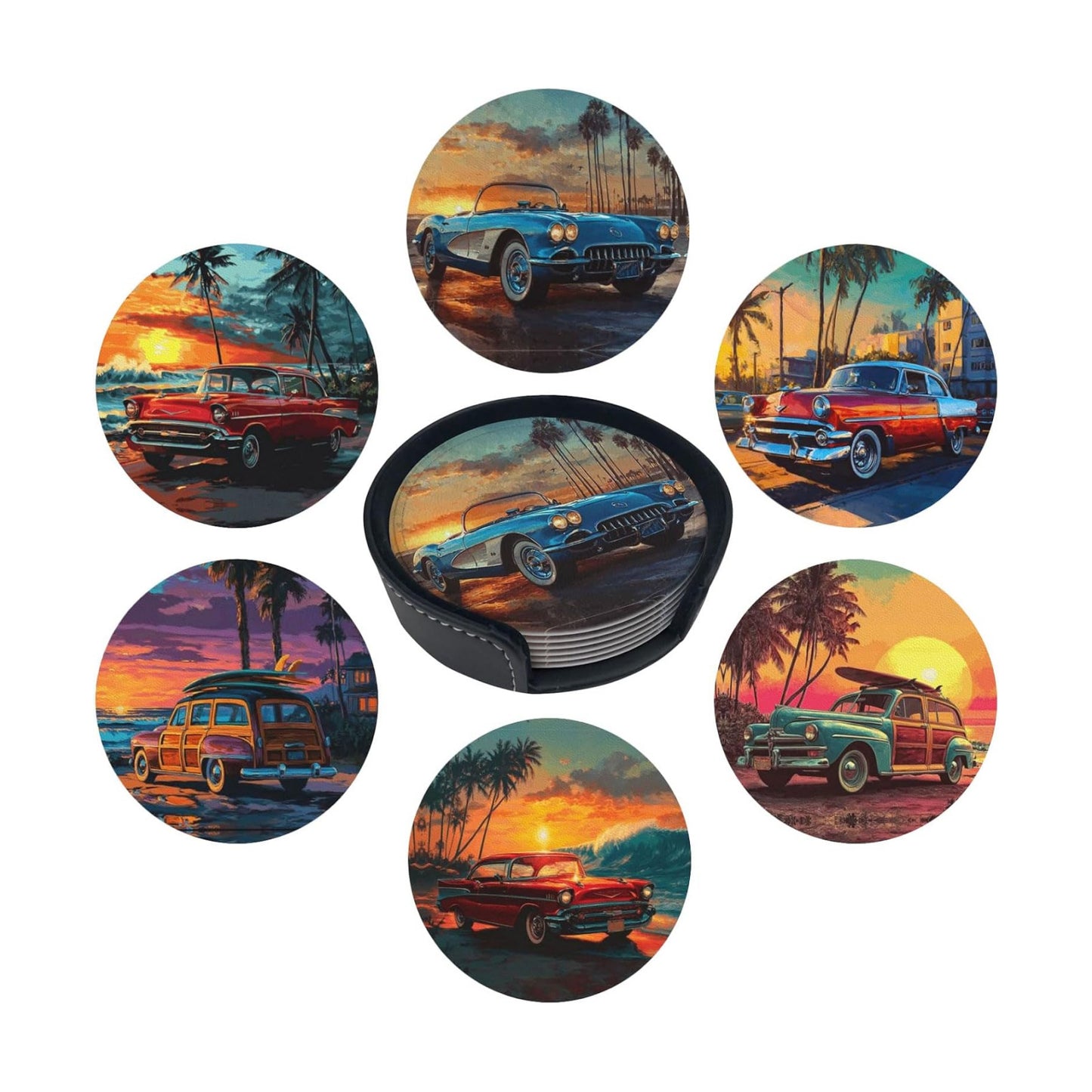 Holder Round Leather Coasters Cups Mugs Mat Pad / Car Print / Set of 6