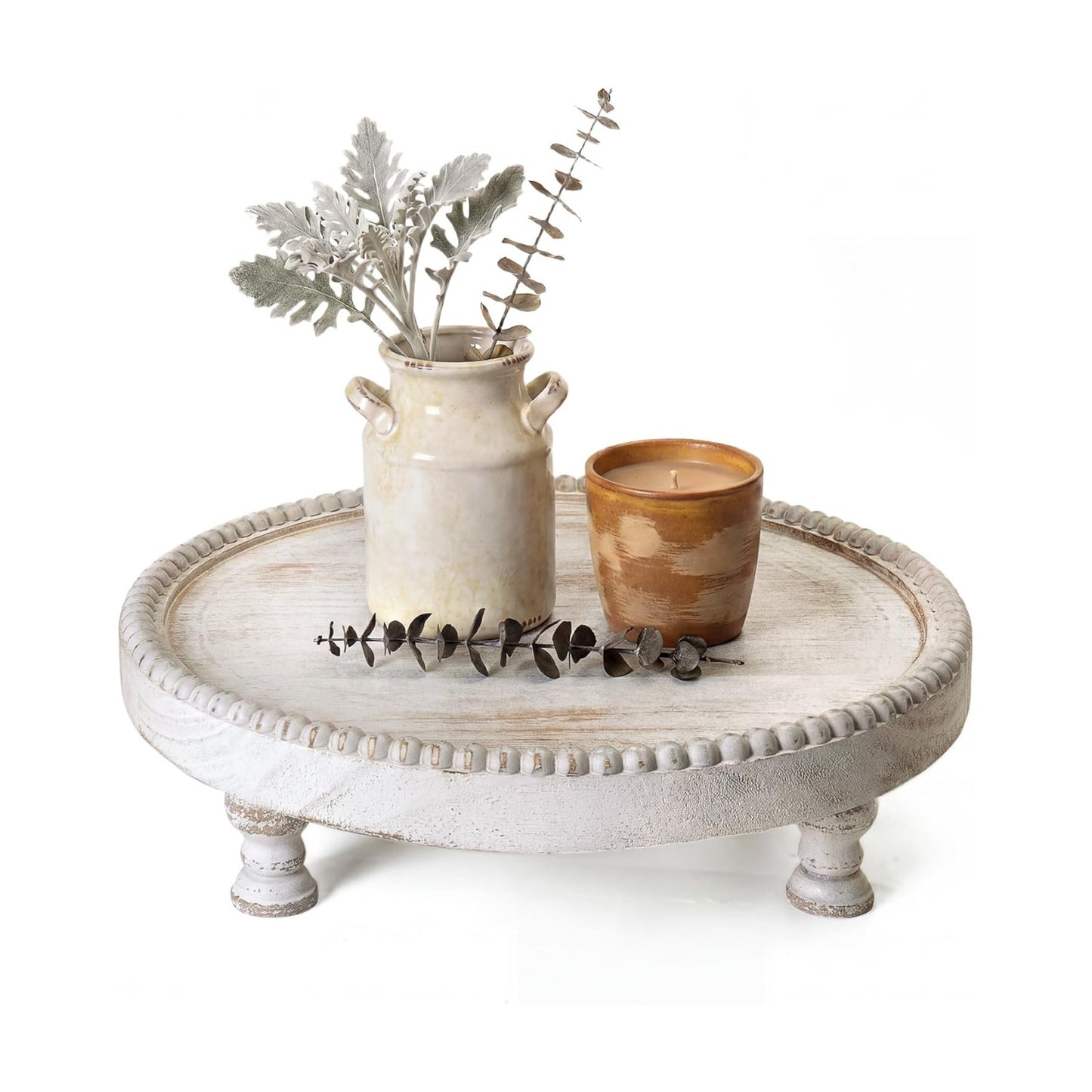Plant & Decor / Beaded Pedestal Tray Stand for Cake / Whitewash