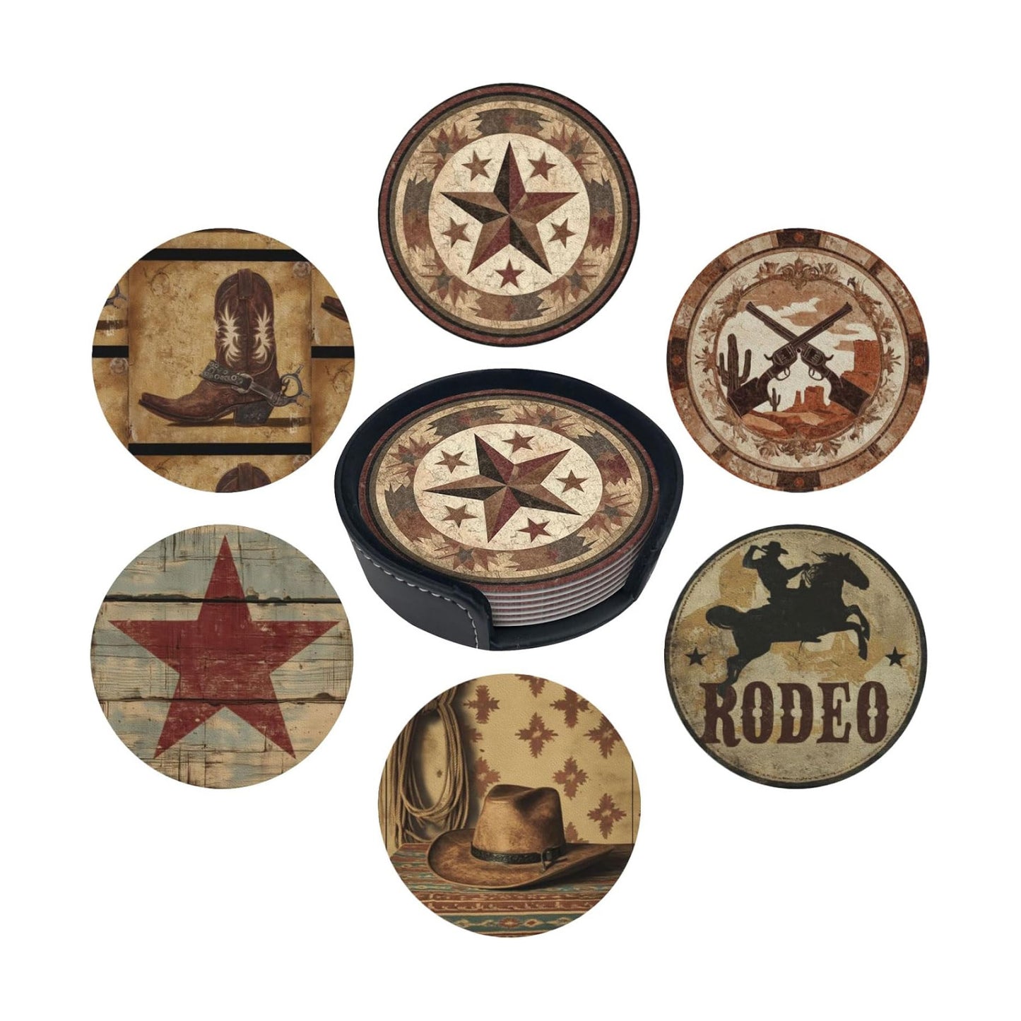 Holder Round Leather Coasters Cups Mugs Mat Pad / Western / Set of 6