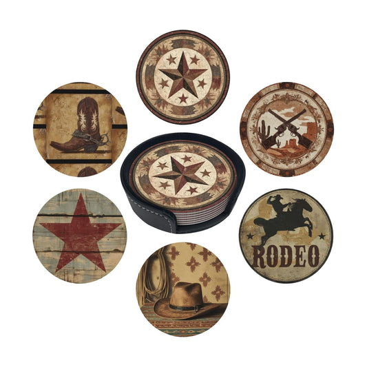 Holder Round Leather Coasters Cups Mugs Mat Pad / Western / Set of 6