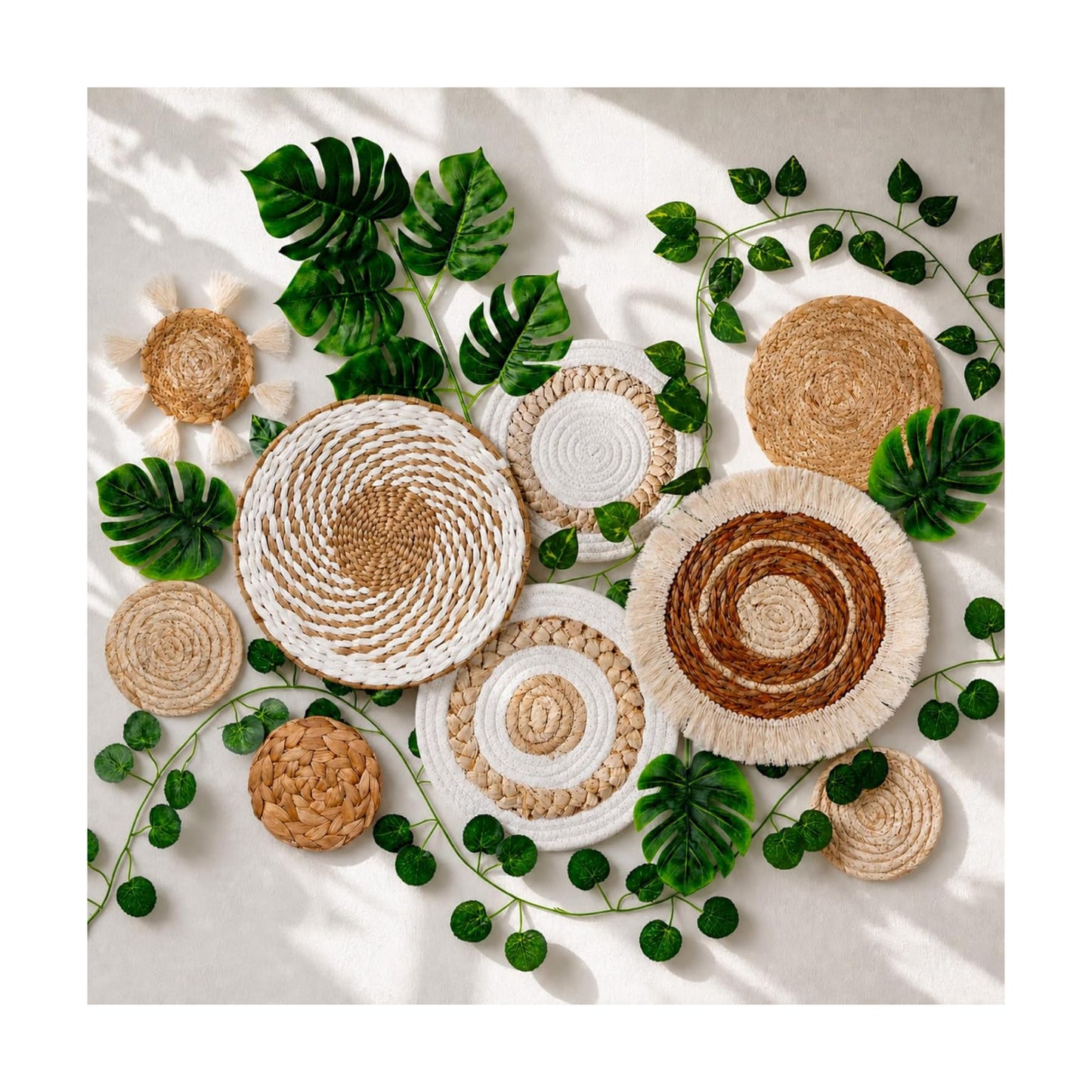 Boho Wall Basket Set Artificial Plants Handmade Hanging Woven Baskets Wall Decor Fake / Set of 15
