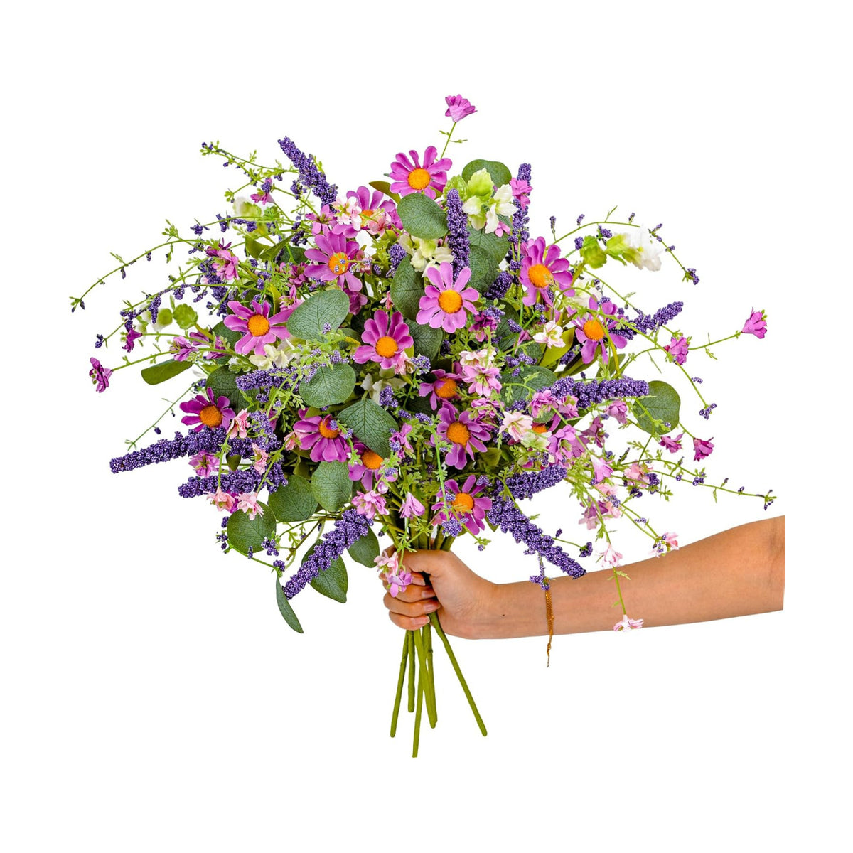 20" Artificial Flowers Bouquet for Vase Indoor, 6 stem Faux Silk Daisies Lavender Silver Dollar Eucalyptus Leaves Wildflower Floral Arrangement Home Decor for Living Room Dining Table Entryway