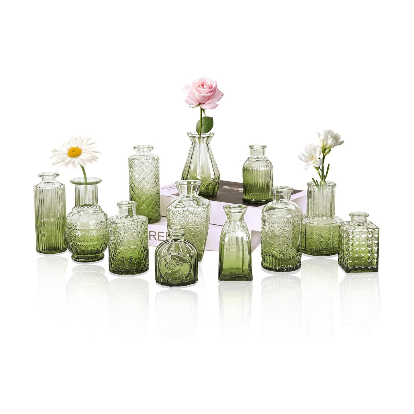 Glass Bud Vase Set / Ombre Green / Set of 12