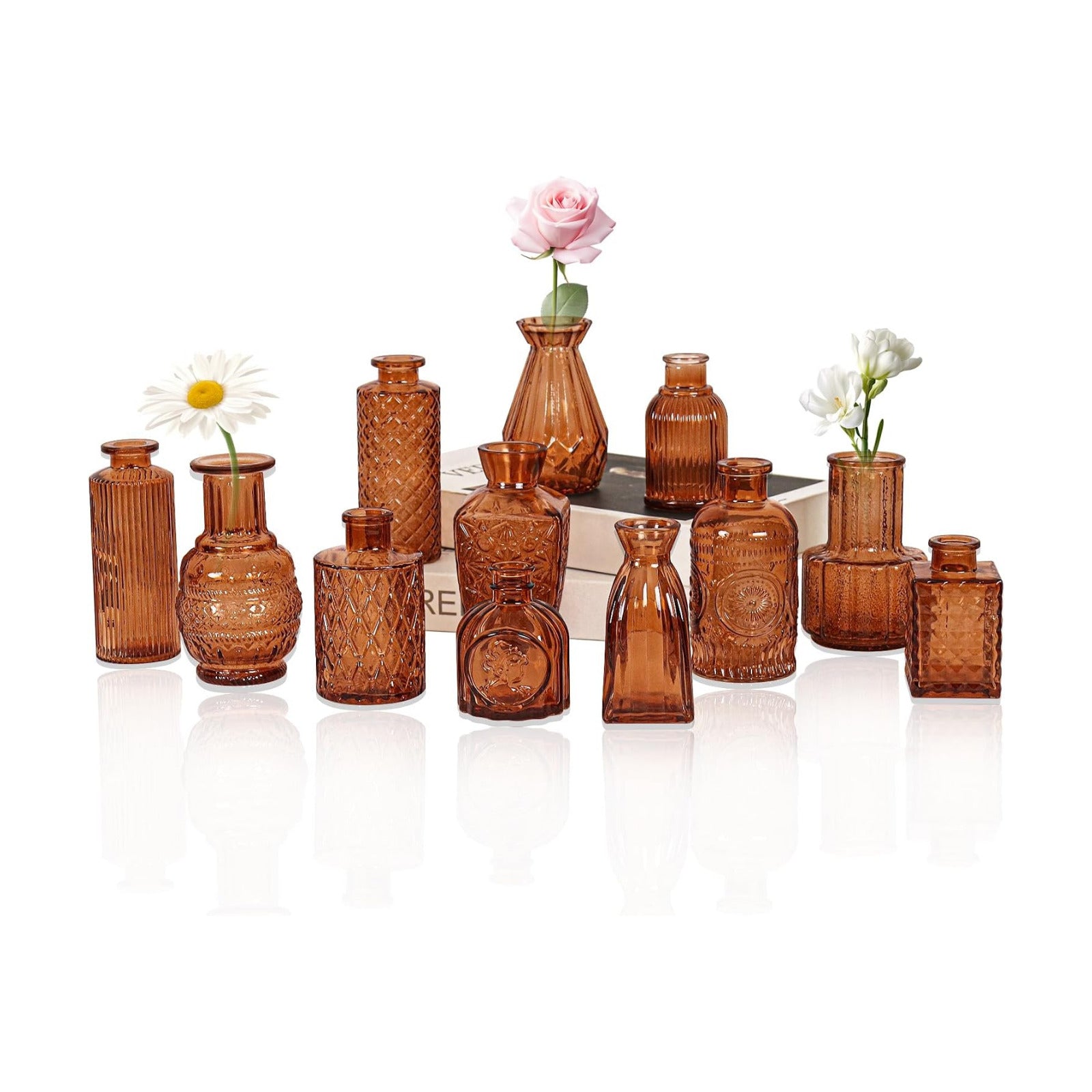 Glass Bud Vase Set / Amber / Clear / Set of 12