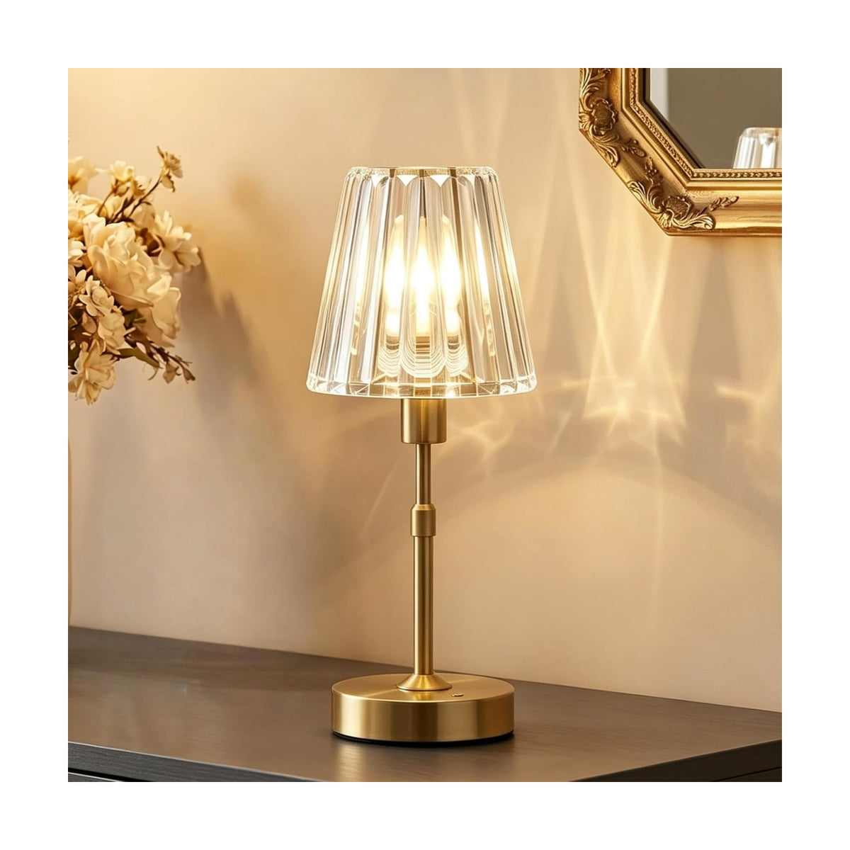 Small Cordless Rechargeable Touch Table Lamp, Gold | 5200mAh USB-C, Dimmable Warm Crystal Light, Portable Decor for