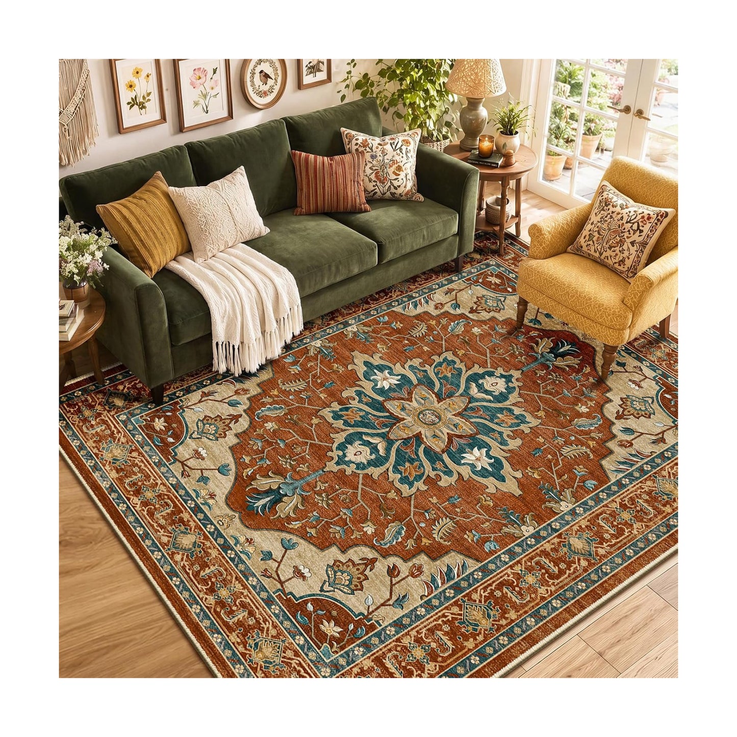 RELEANY Washable Area Rug, 6'x9', Red/Orange/Blue/Brown