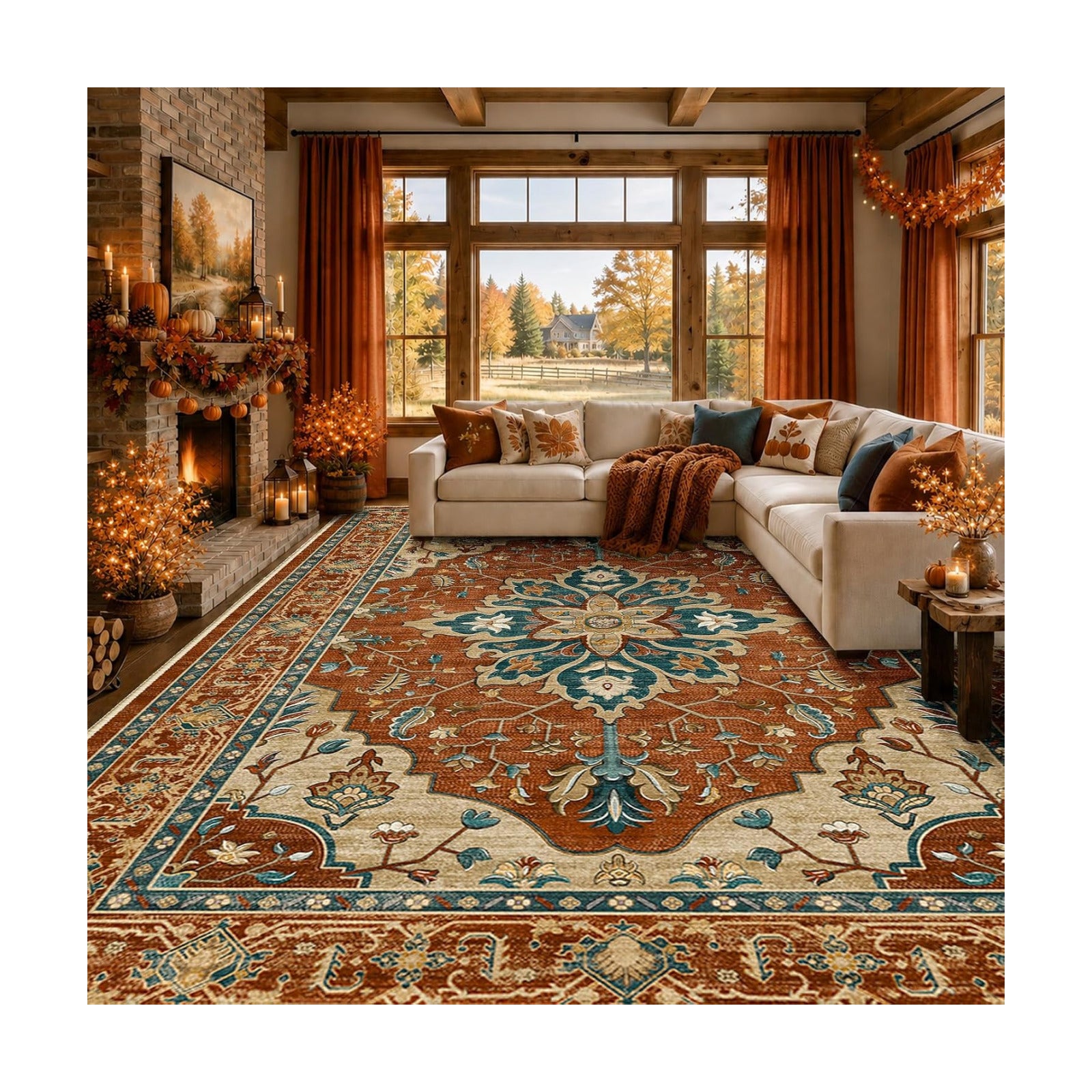 RELEANY Washable Area Rug, Large 9'x12', Red/Orange/Blue/Brown