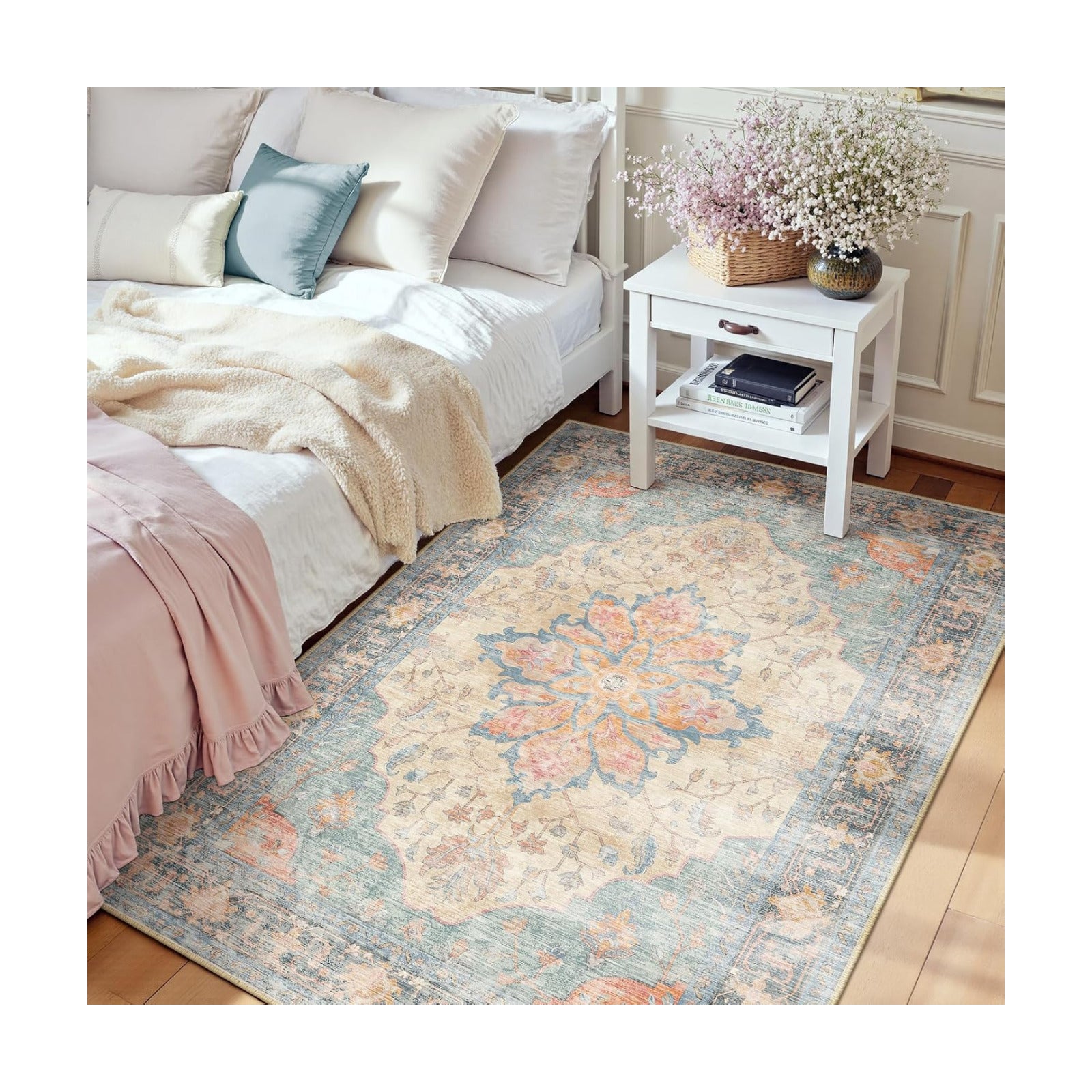 RELEANY Washable Area Rug, 3'x5', Blue/Orange/Red