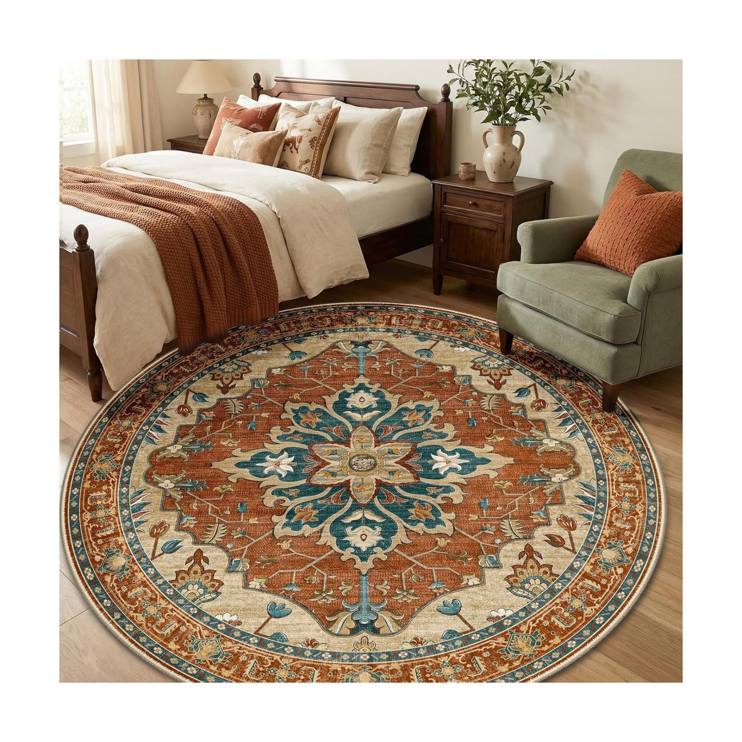 RELEANY Washable Area Rug, Round 6ft, Red/Orange/Blue/Brown