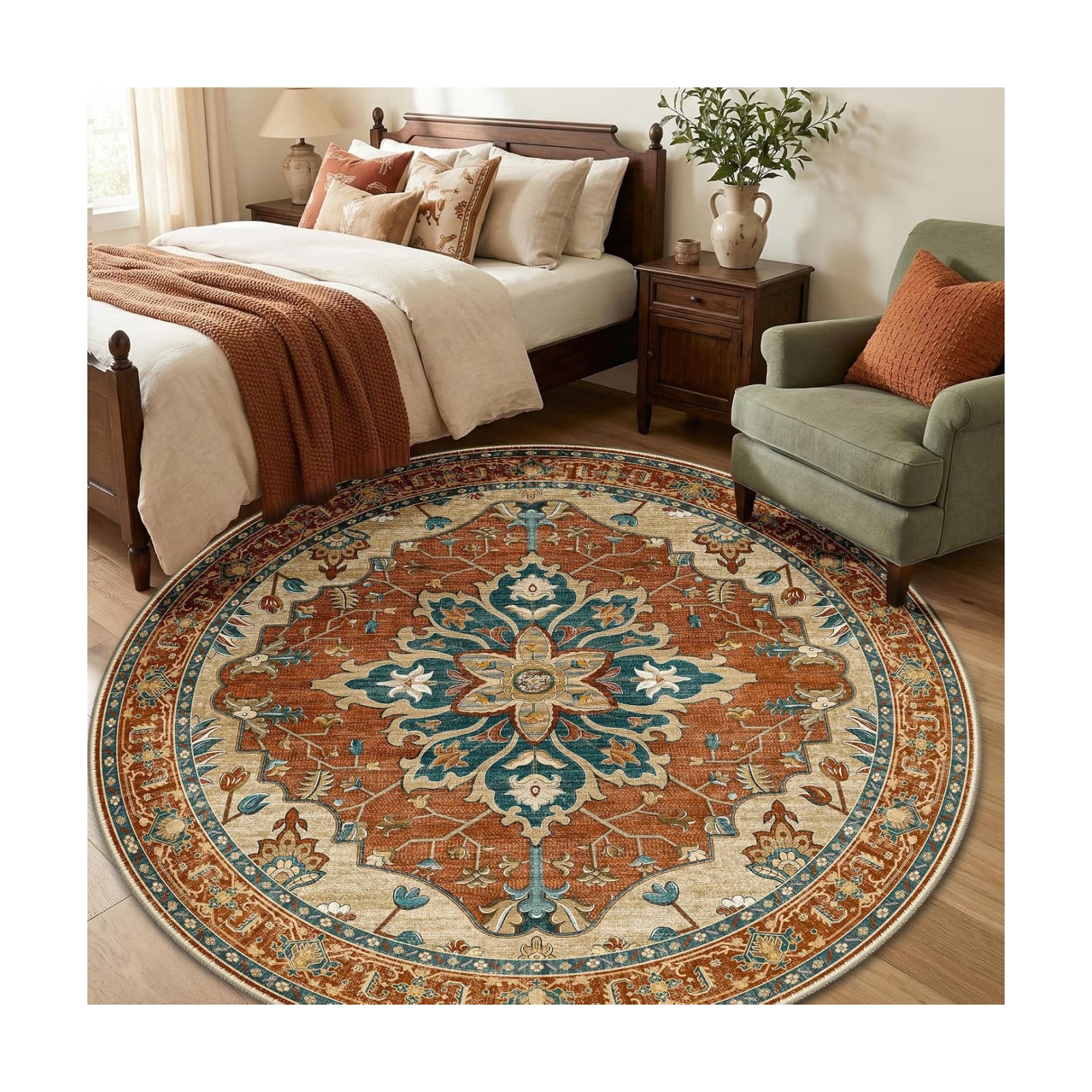 RELEANY Washable Area Rug, Round 6ft, Red/Orange/Blue/Brown