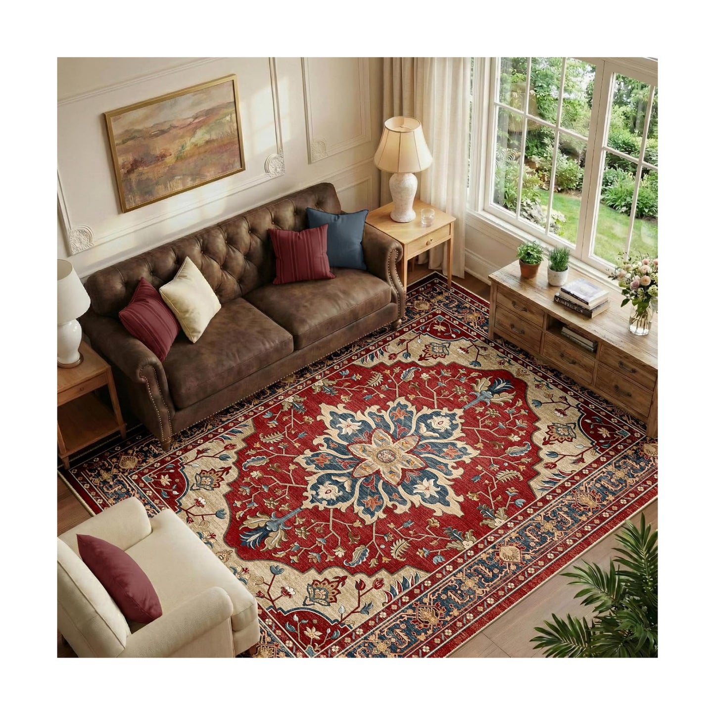 RELEANY Washable Area Rug, 6'x9', Red/Blue