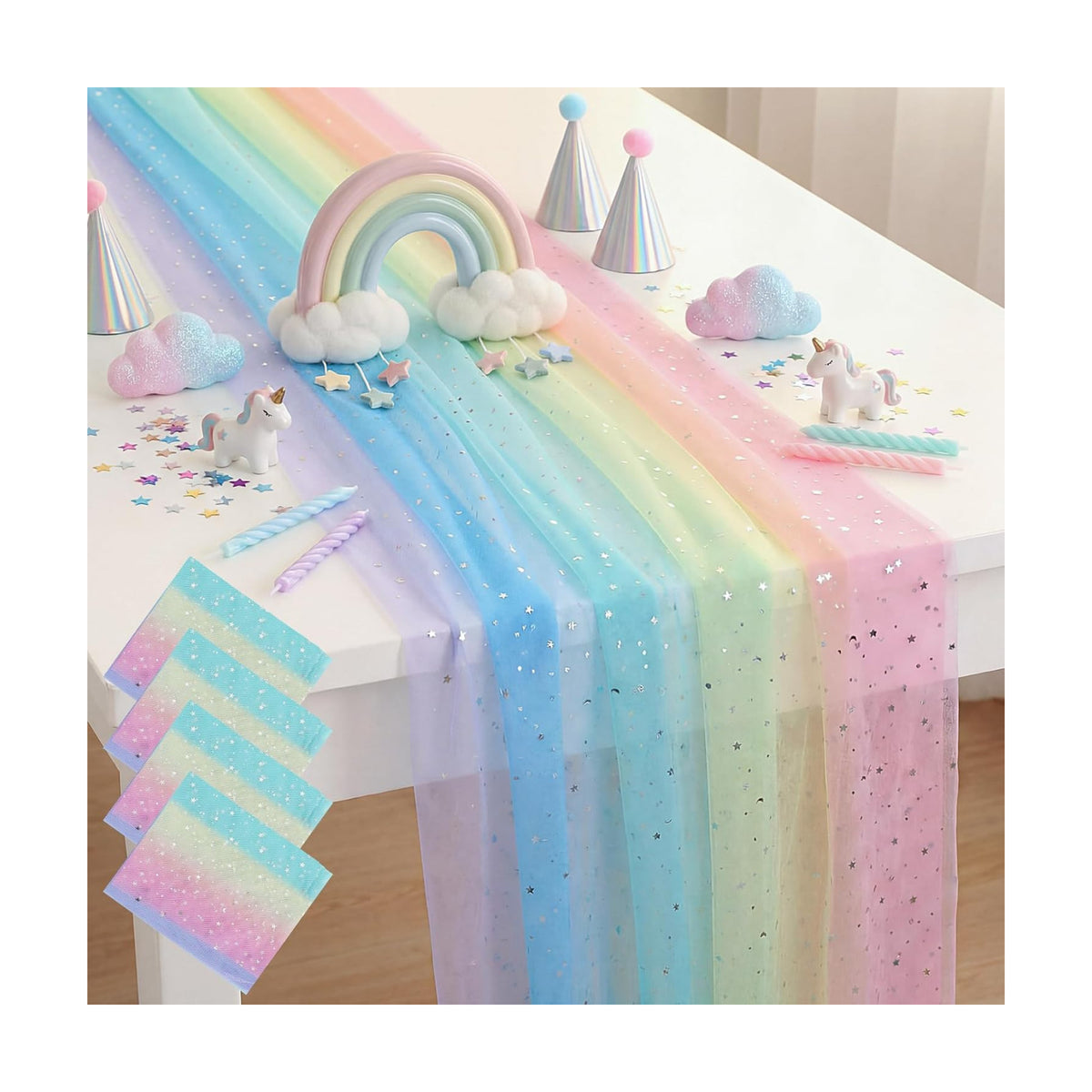 4 Pcs Pastel Rainbow Tulle Table Runner Pastel Unicorn 29x70in
