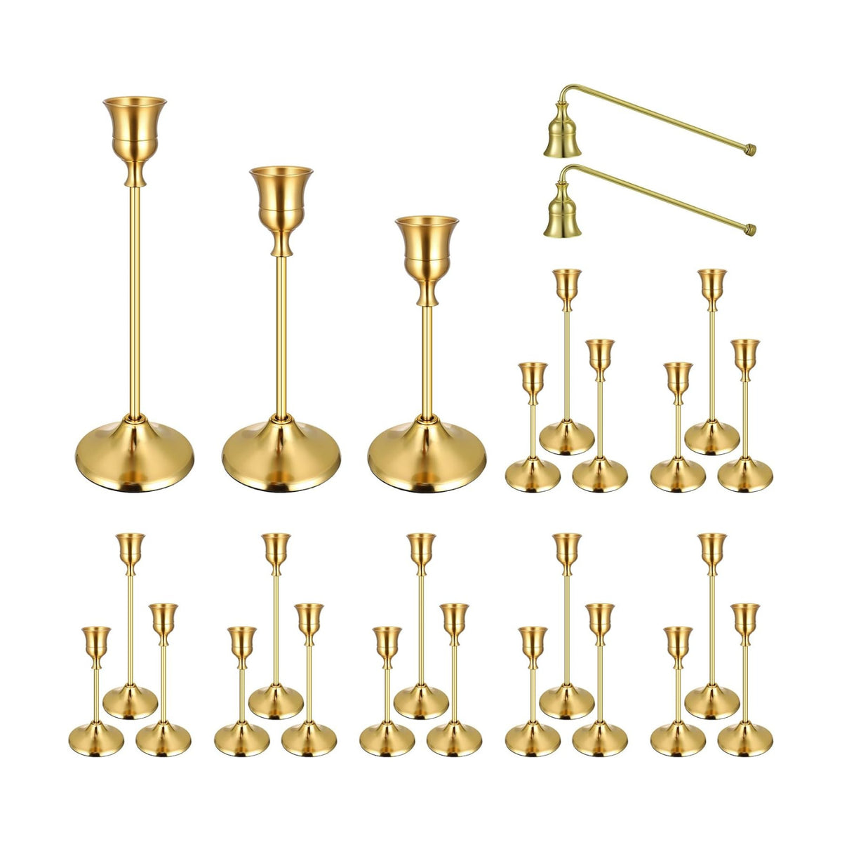 24PCS Brass Gold Taper Candle Holders Set, Metal Candlestick Holders | Plus Candle Snuffer, Tall Table Centerpiece