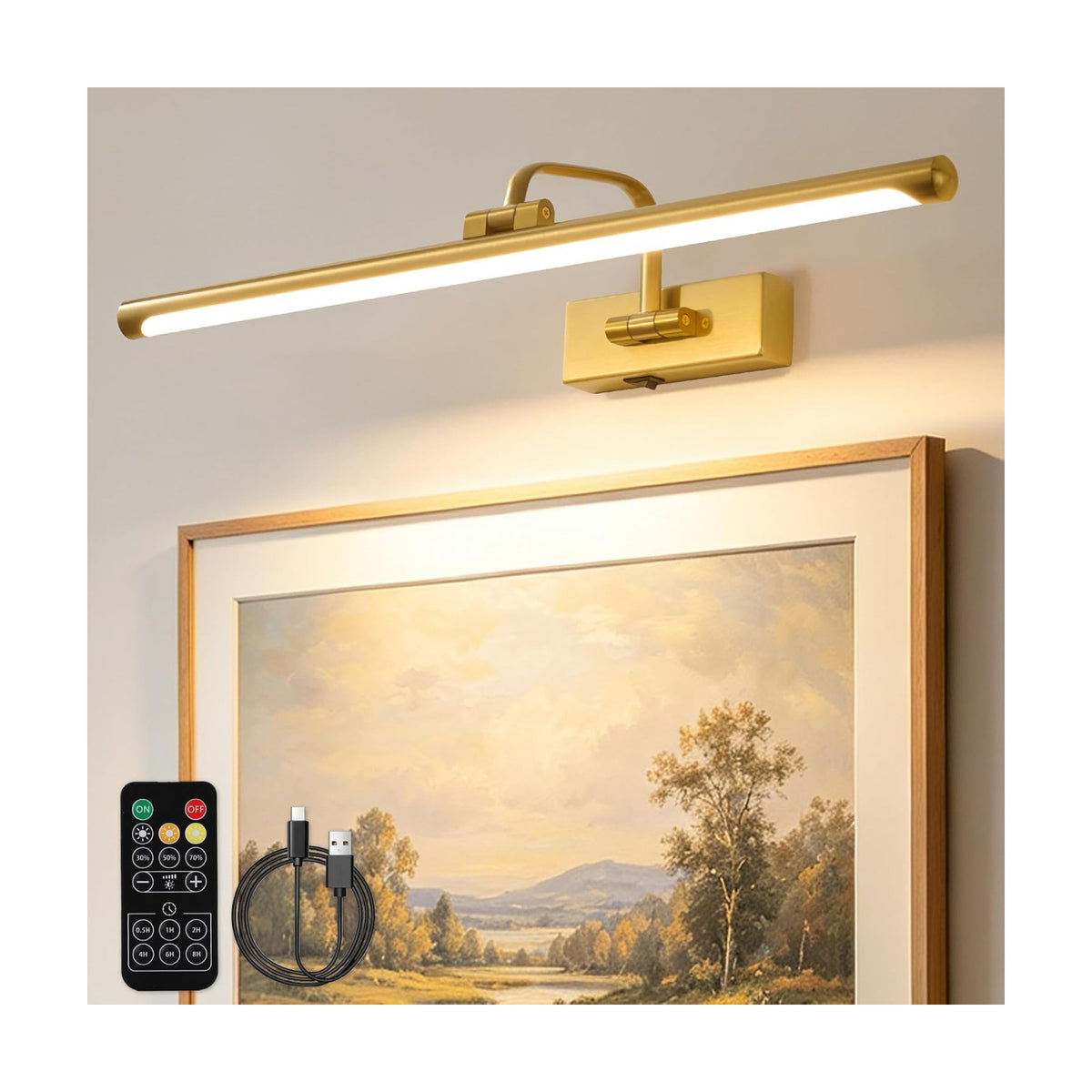 Picture Lights for Wall Battery Operated, Rechargeable Light for Pictures with Remote & Timer, Gold Art Light for