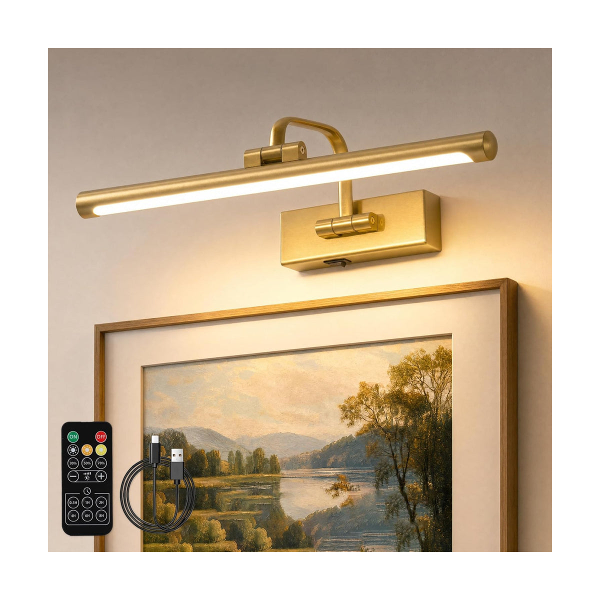 Wireless Picture Light for Wall, Rechargeable Light for Pictures with Remote & Timer, 16 Inch Dimmable Gold Art Light