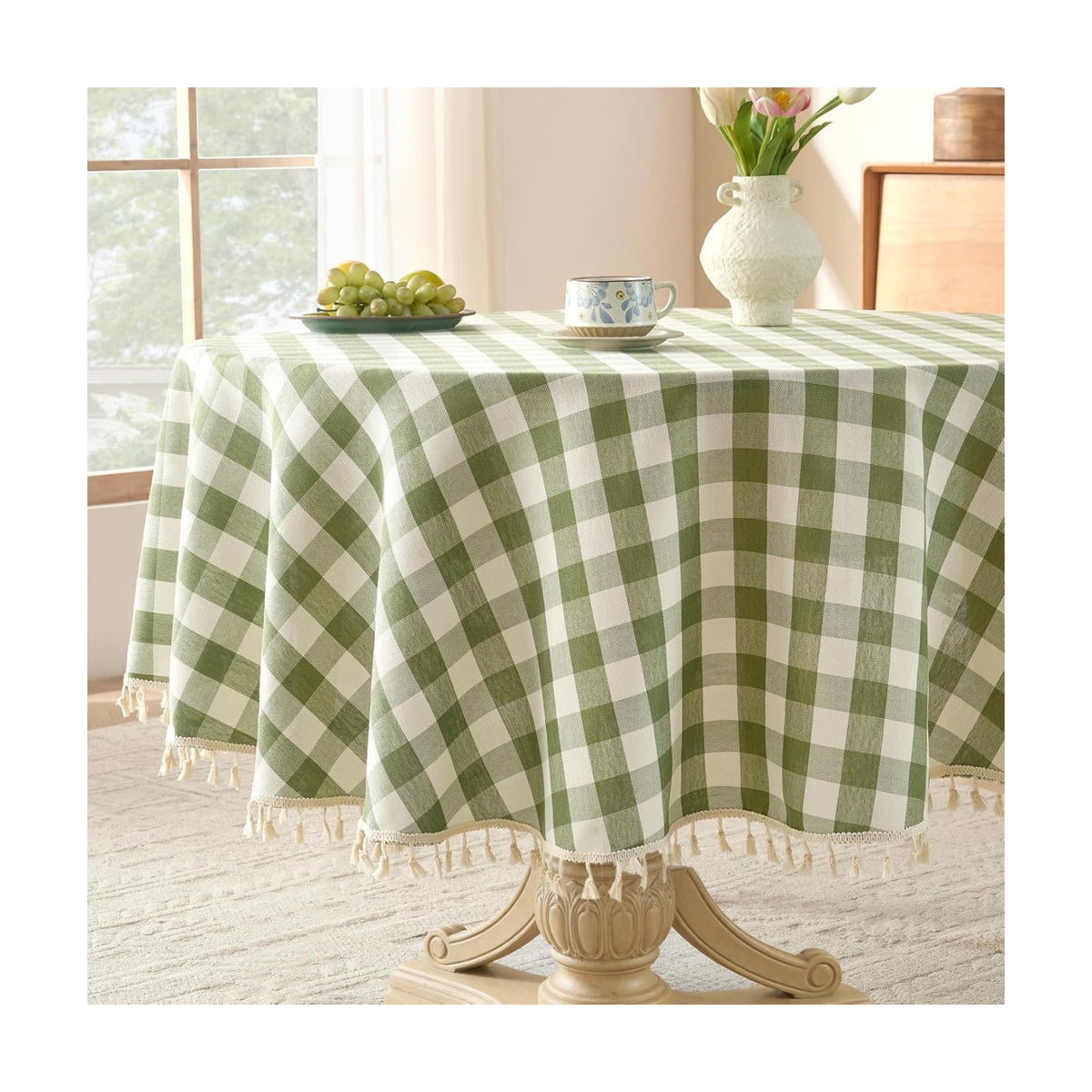 Softalker Gingham Round Tablecloth with Tassel, Sage Green, 70" x 70"