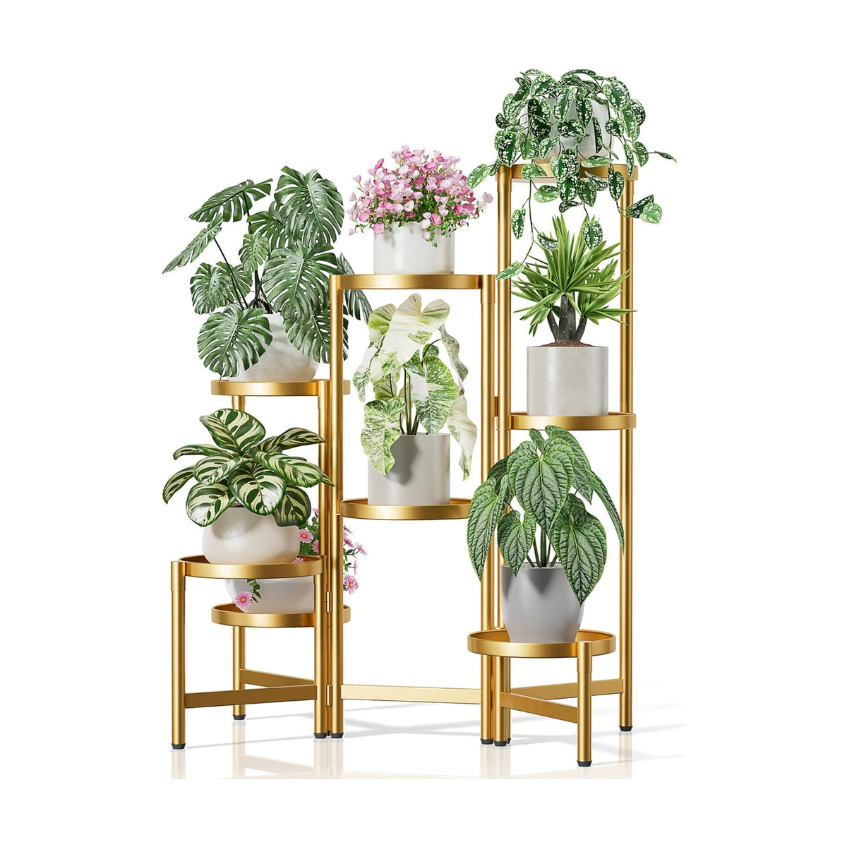 Gold Plant Stand, 8 Tiered Plant Stand Indoor for Multiple Large Planter, Tall Heavy Duty Adjustable Folding Rack with