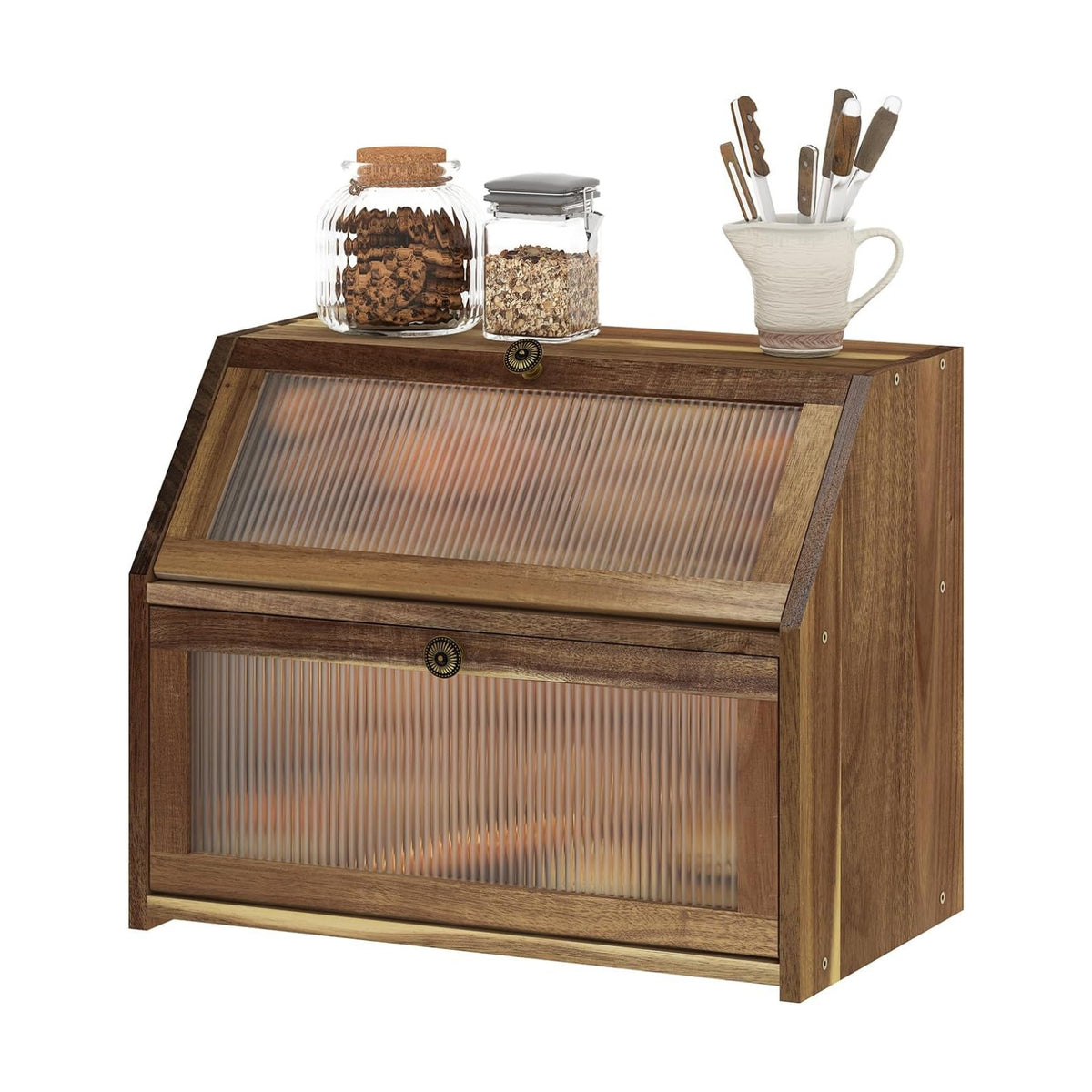 Kitsanery Bread Box for Kitchen Countertop, Acacia Wood Bread Storage Container, 2 Layer Large bread holder, Pantry
