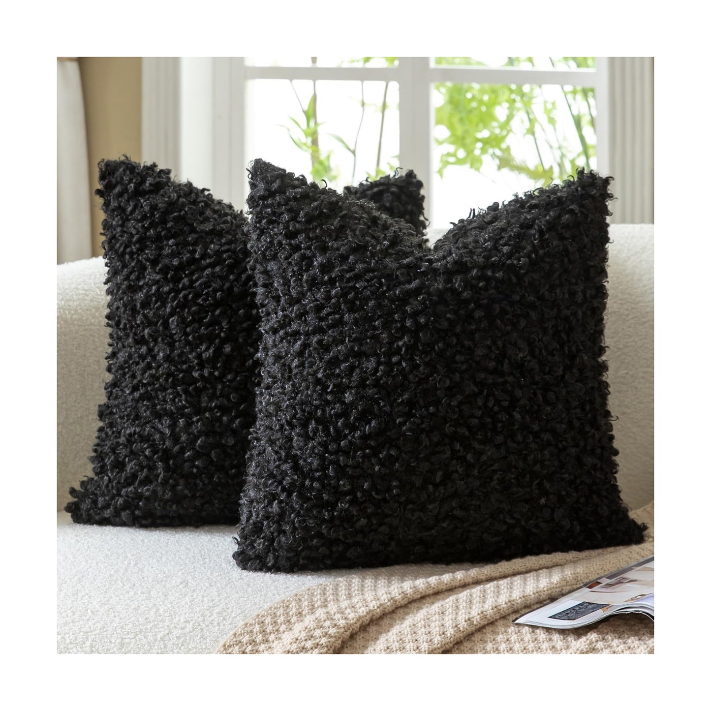 Faux Fur Throw Pillow Covers Boucle Decorative Sherpa Pillow Covers / Black / 18 x 18 / Set of 2
