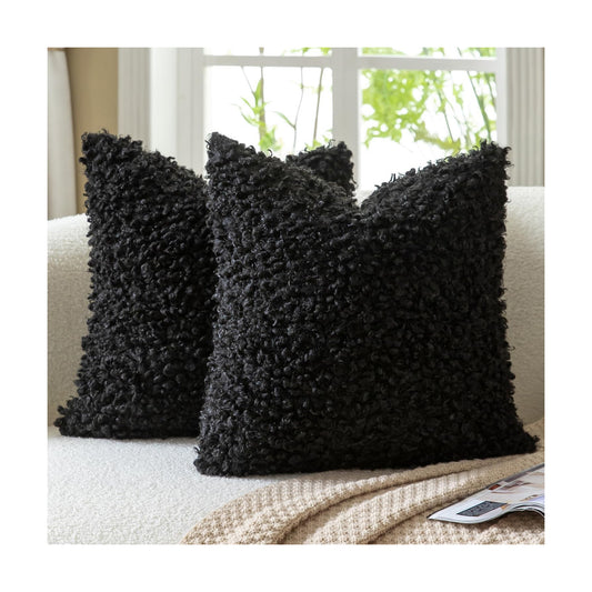 Faux Fur Throw Pillow Covers Boucle Decorative Sherpa Pillow Covers / Black / 18 x 18 / Set of 2