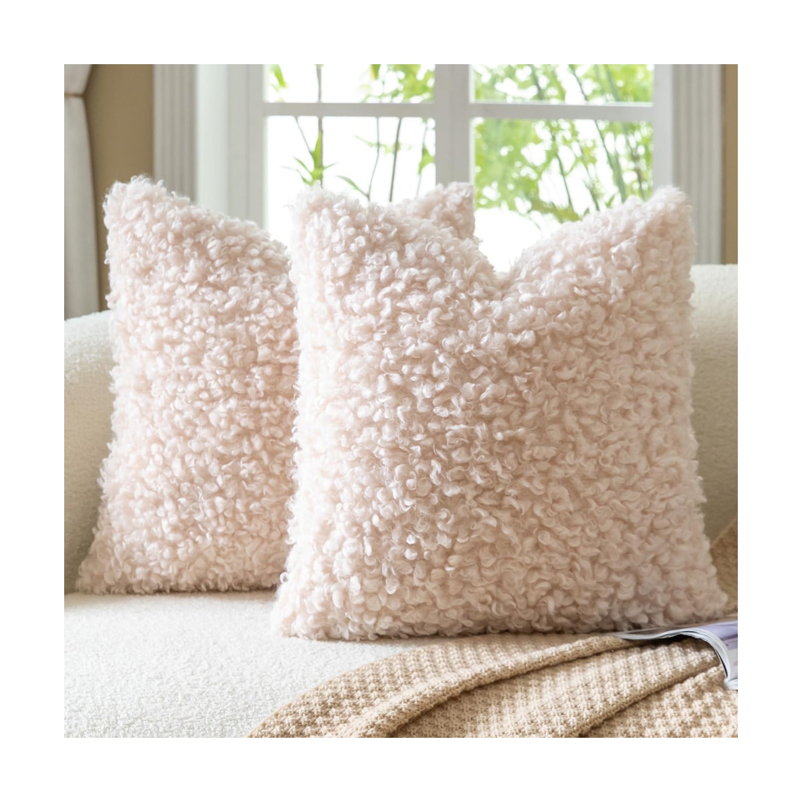 Faux Fur Throw Pillow Covers Boucle Decorative Sherpa Pillow / Apricot Beige / 18 x 18 / Set of 2