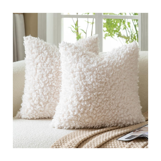 Faux Fur Throw Pillow Covers Boucle Decorative Sherpa Pillow / Cream White / 18 x 18 / Set of 2