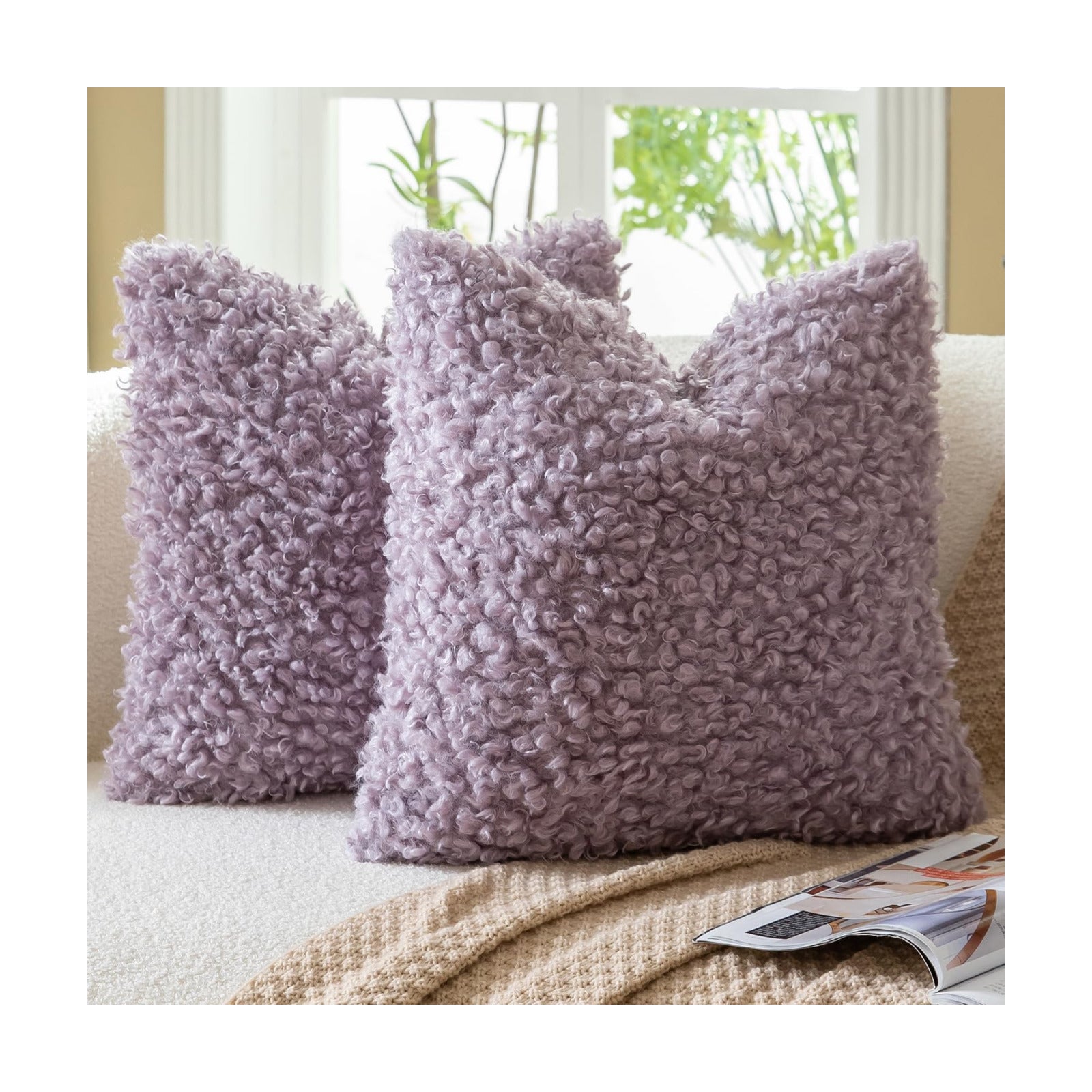 Faux Fur Throw Pillow Covers Boucle Decorative Sherpa Pillow / Light Purple / 18 x 18 / Set of 2