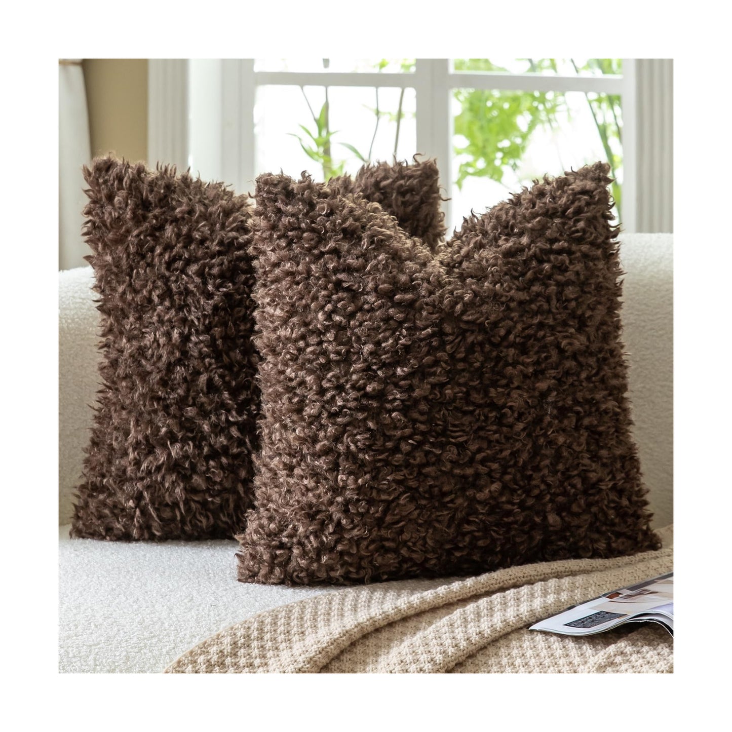 Faux Fur Throw Pillow Covers Boucle Decorative Sherpa Pillow Covers / Chocolate / 18 x 18 / Set of 2