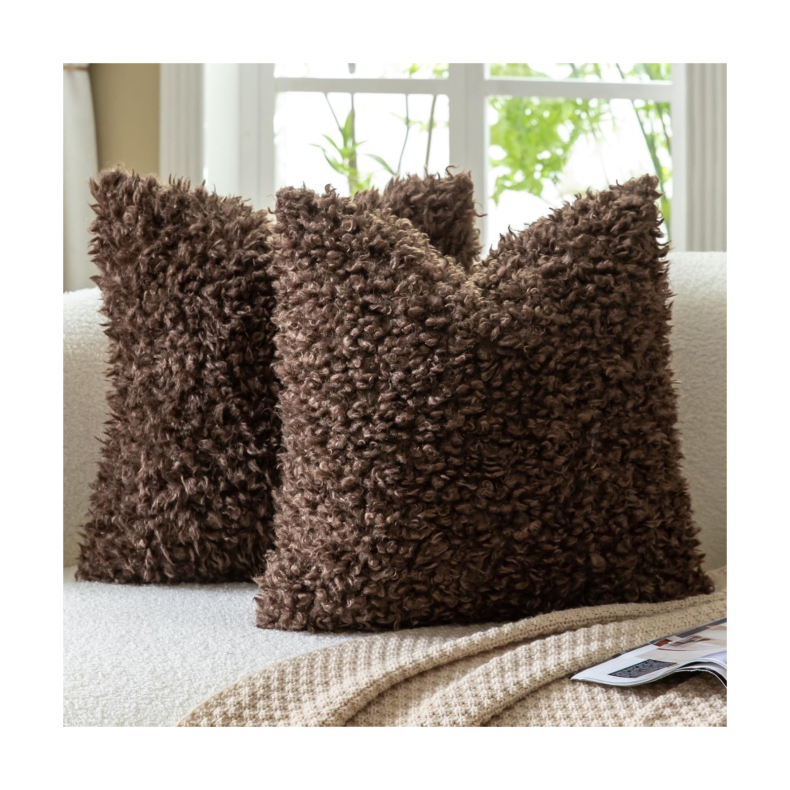 Faux Fur Throw Pillow Covers Boucle Decorative Sherpa Pillow Covers / Chocolate / 18 x 18 / Set of 2