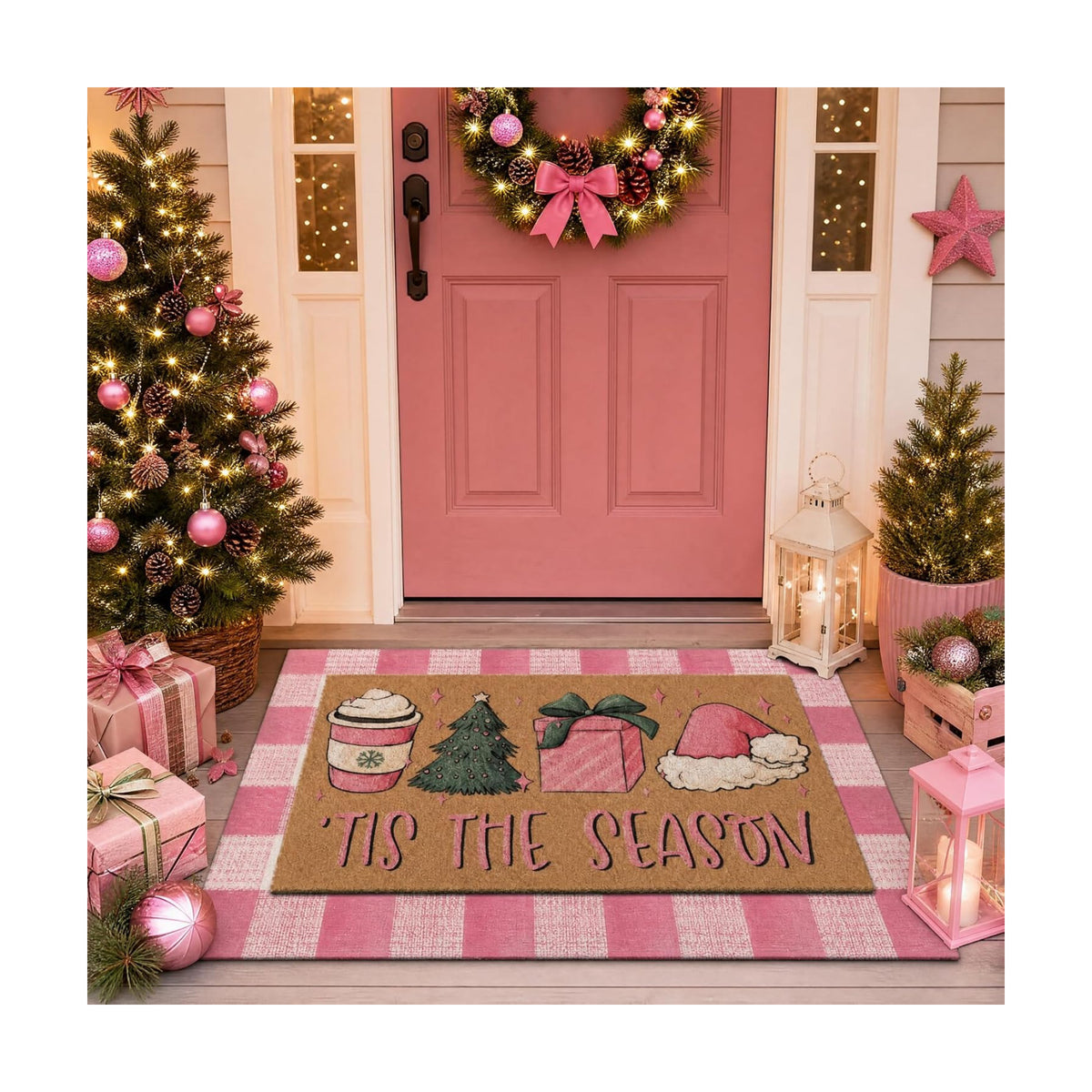 Tinideya 2 Pcs Pink Christmas Layered Doormat Set, Holiday Front Door Mats